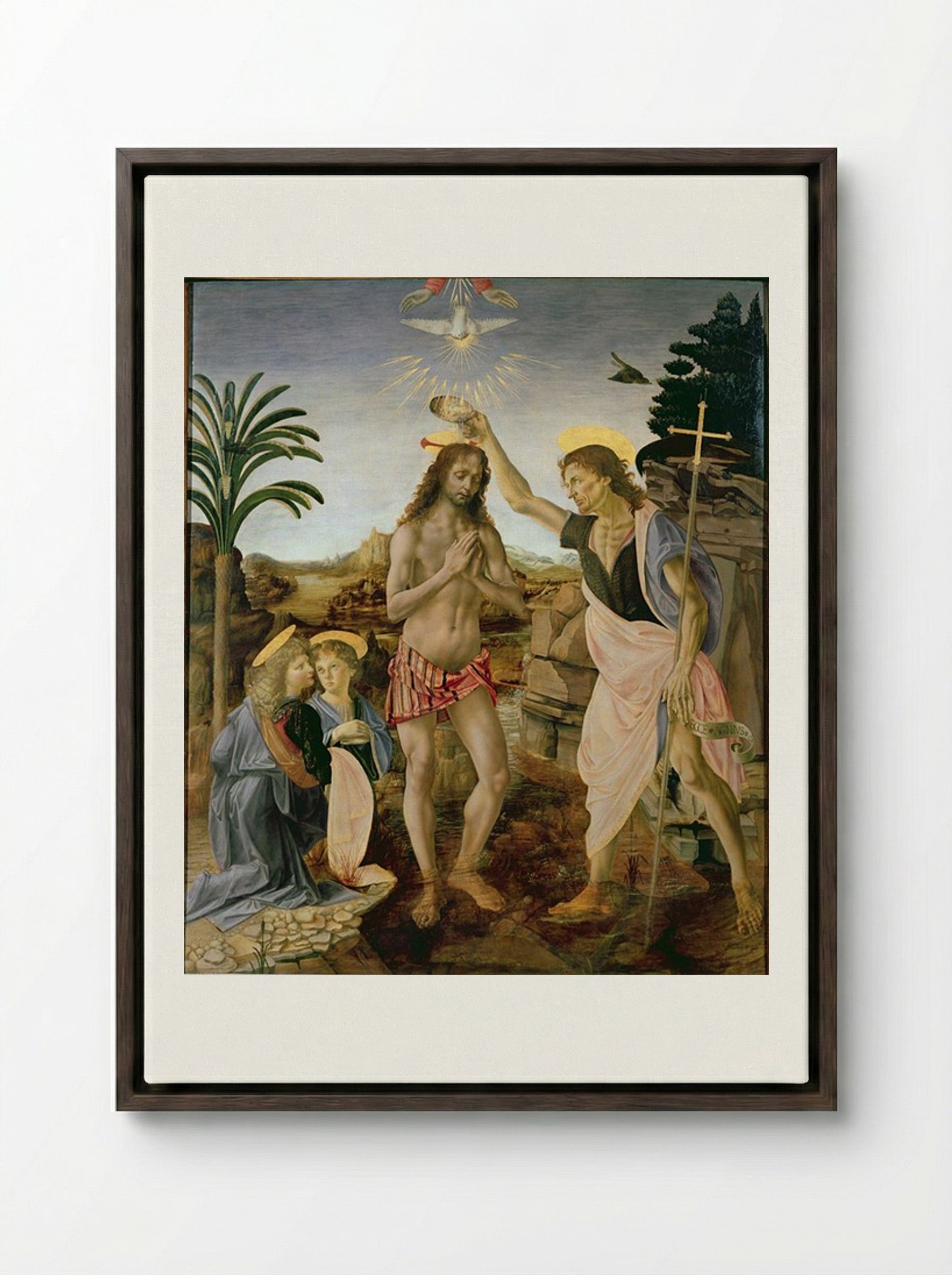 The Baptism of Christ - Andrea del Verrocchio and Leonardo da Vinci - Framed Canvas Dark Wood