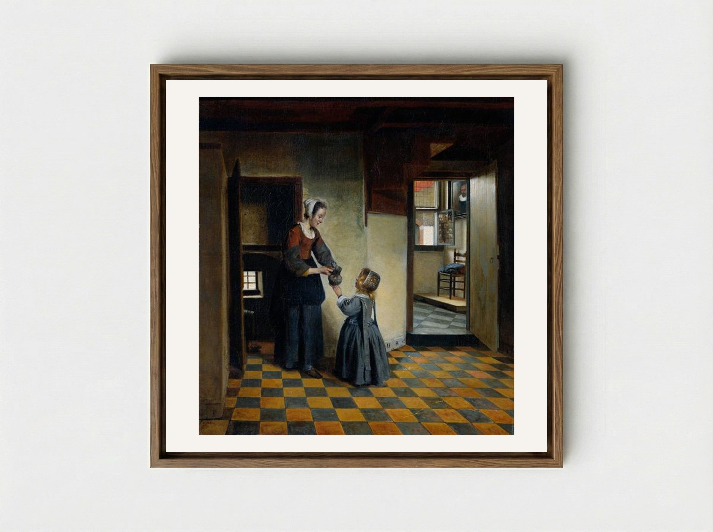 Woman and a Child in a Pantry - Pieter de Hooch - Framed Canvas Wood