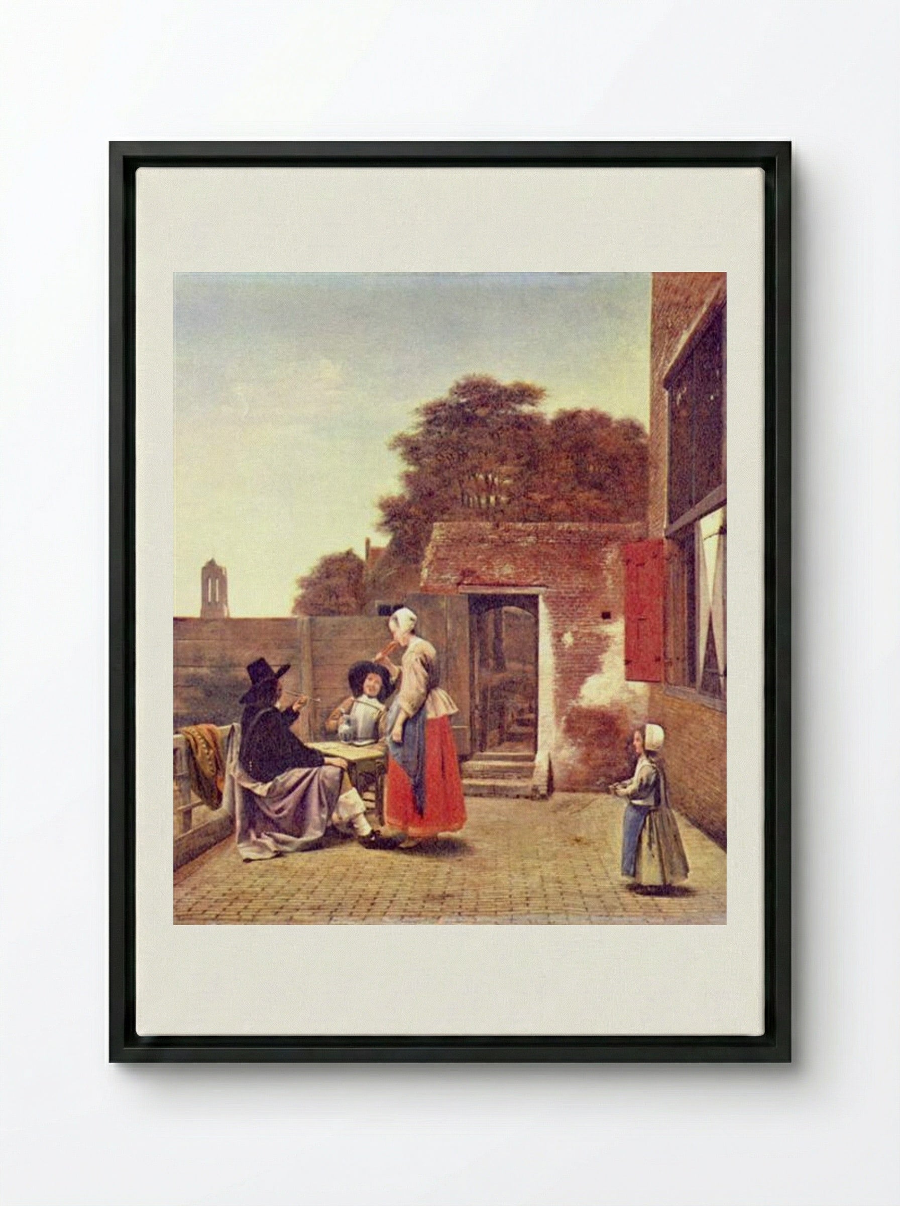 A Dutch Courtyard - Pieter de Hooch - Framed Canvas Black