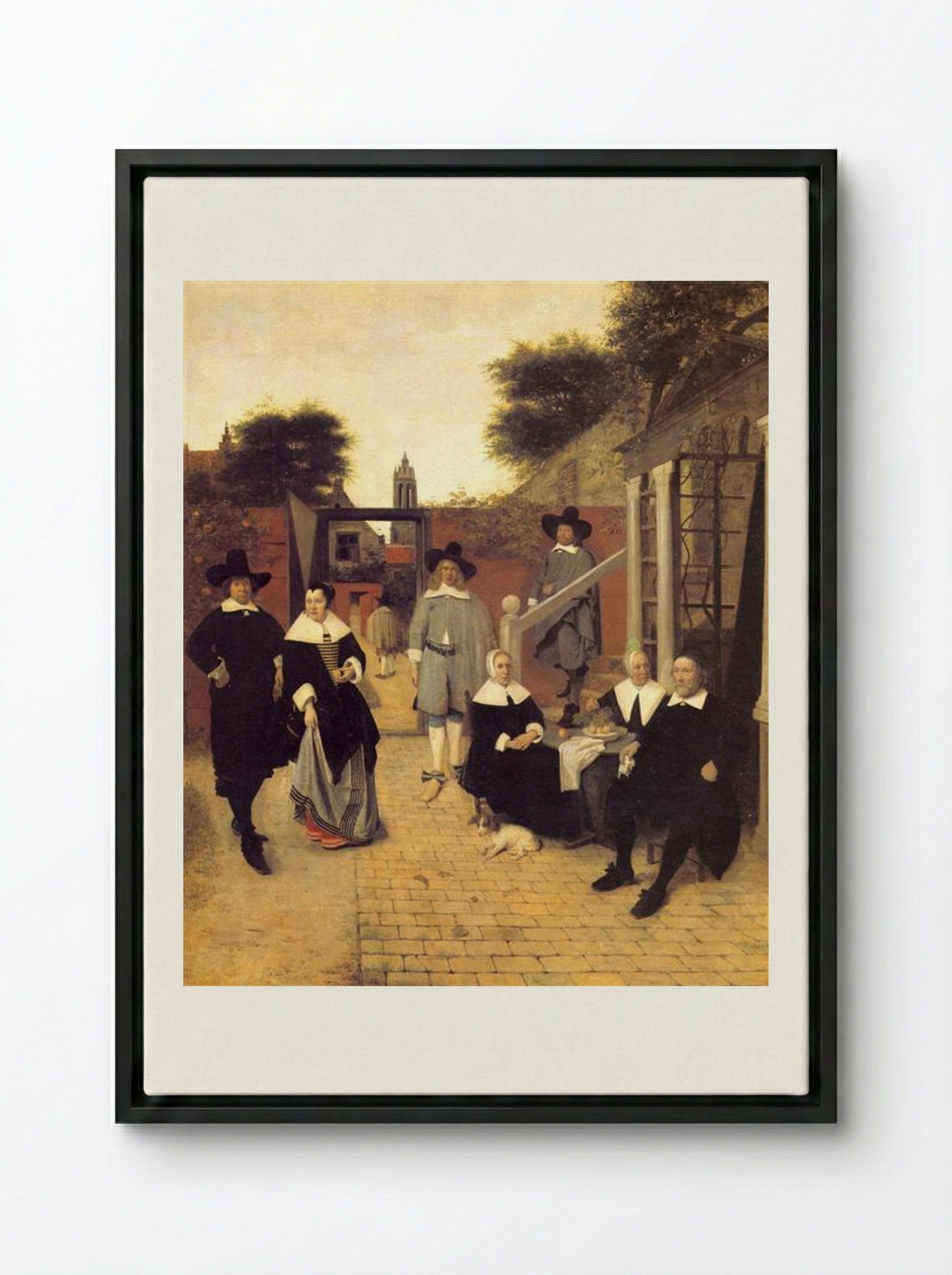 Portrait of a Family in a Courtyard - Pieter de Hooch - Framed Canvas Black