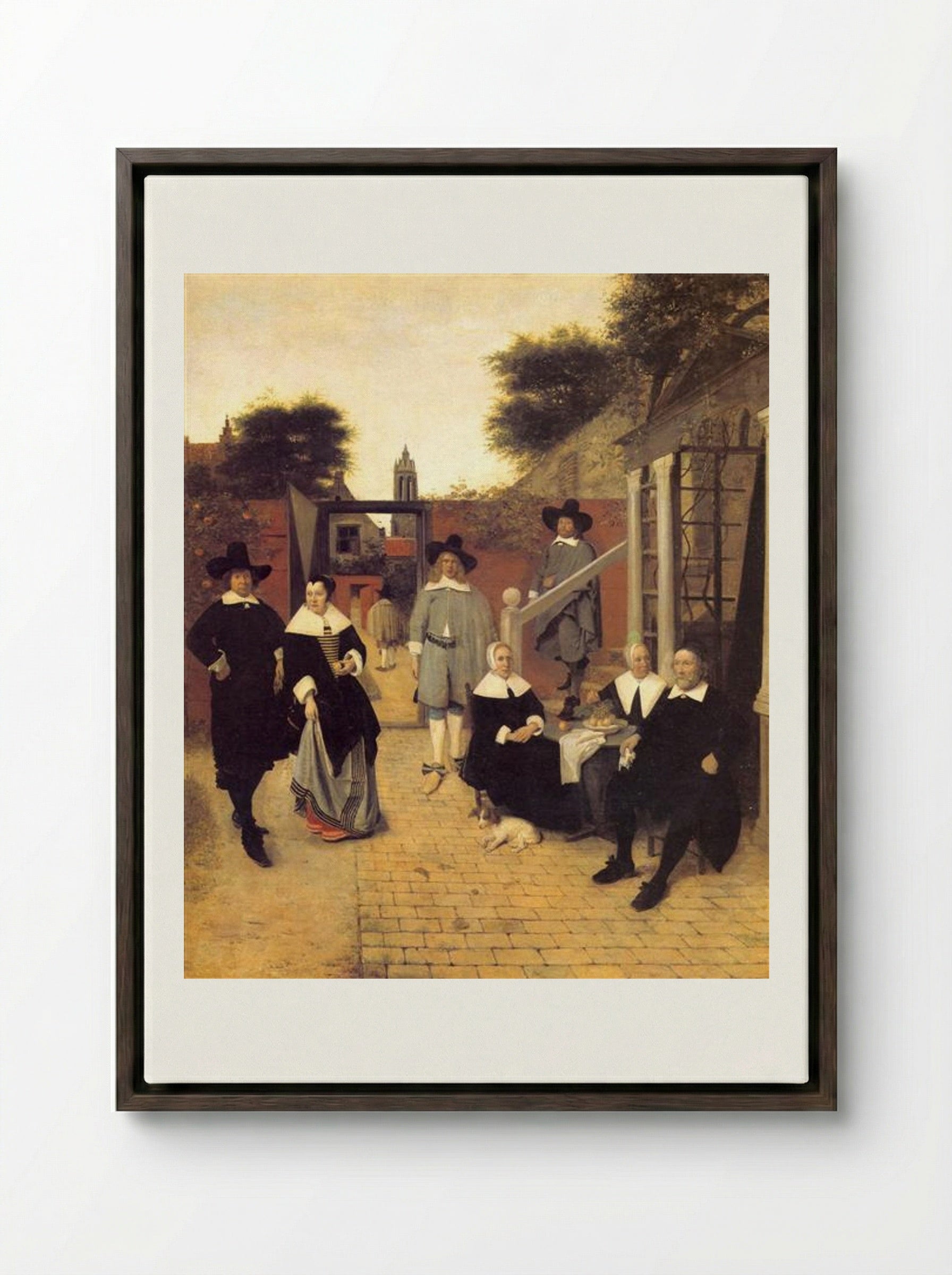 Portrait of a Family in a Courtyard - Pieter de Hooch - Framed Canvas Dark Wood