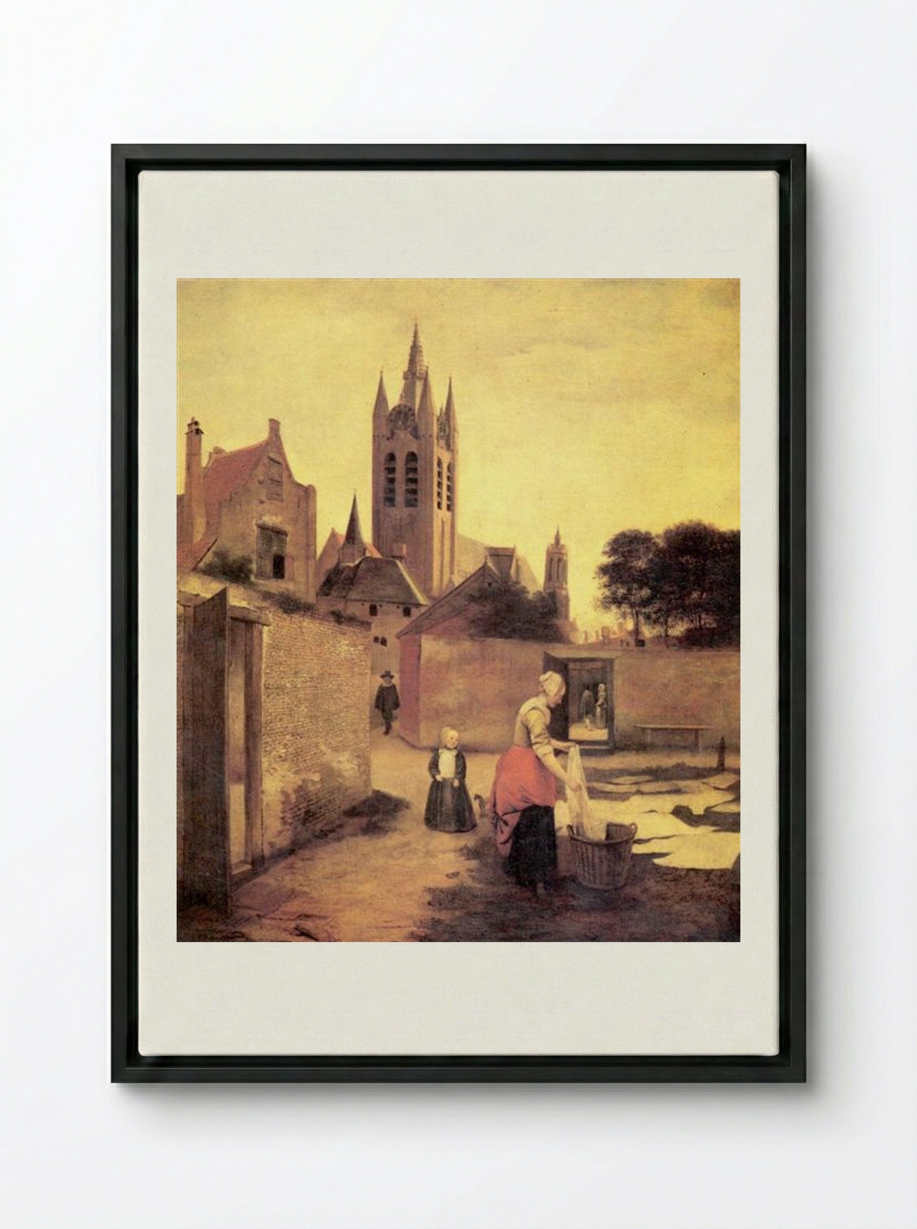 A Woman and a Child on a Bleichwiese - Pieter de Hooch - Framed Canvas Black