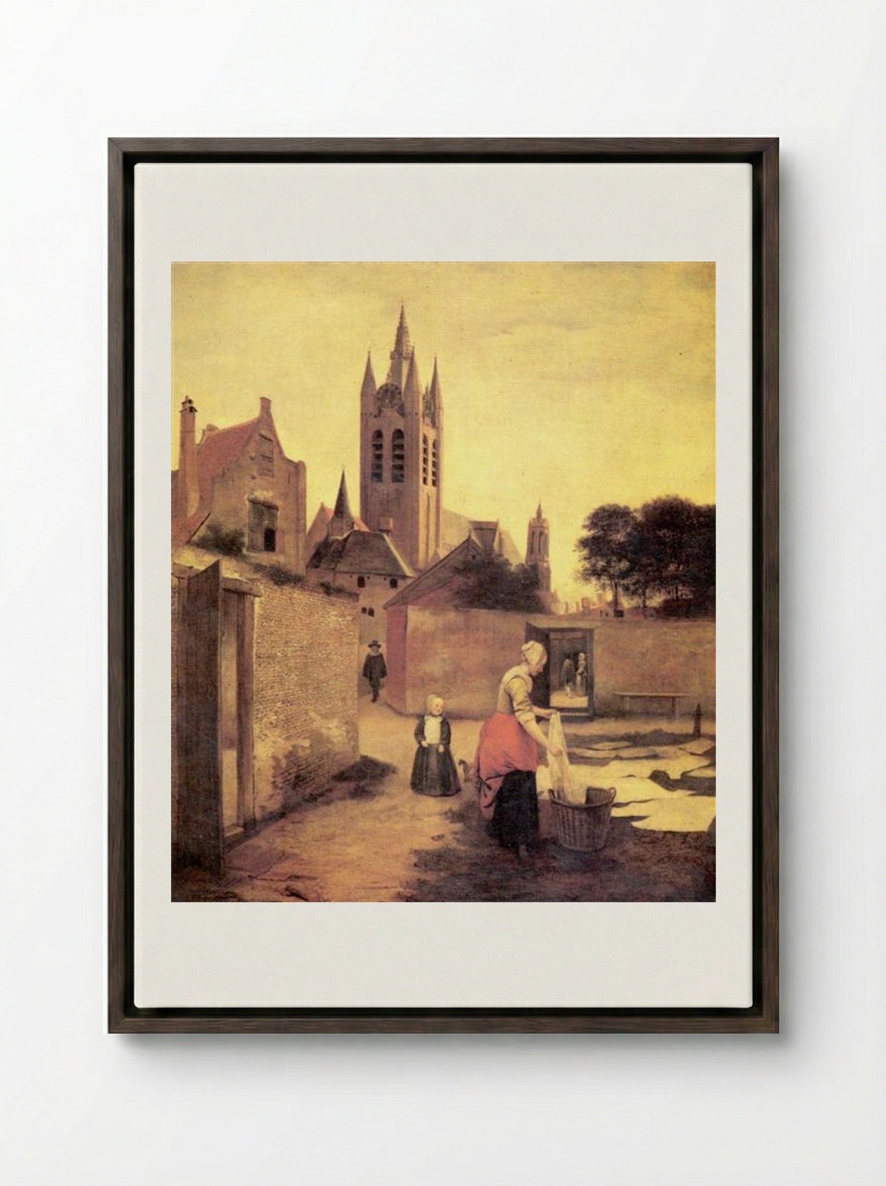 A Woman and a Child on a Bleichwiese - Pieter de Hooch - Framed Canvas Dark Wood