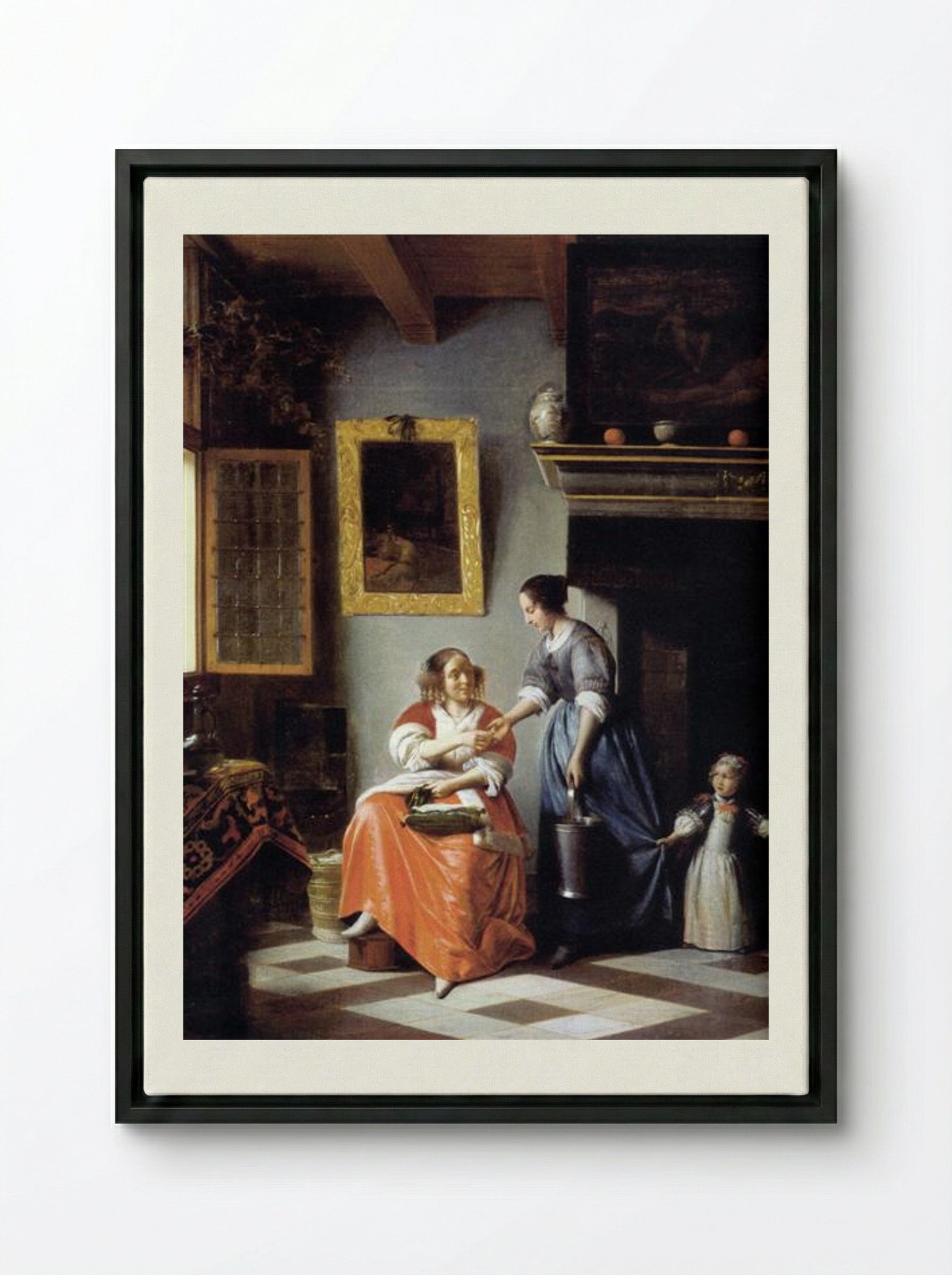 Woman Hands Over Money to Her Servant - Pieter de Hooch - Framed Canvas Black