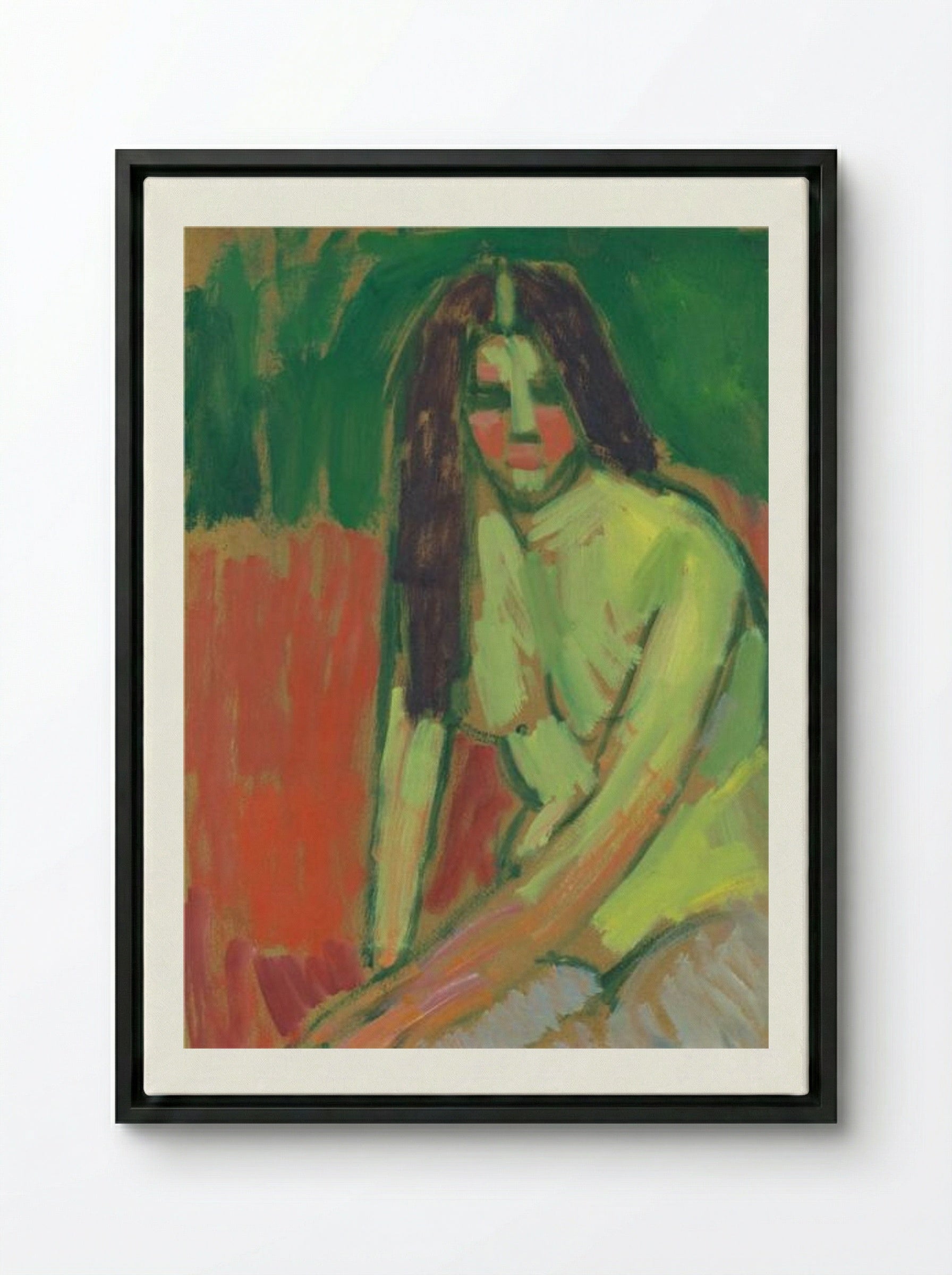 Half-nude figure with long hair sitting bent - Alexej von Jawlensky - Framed Canvas Black