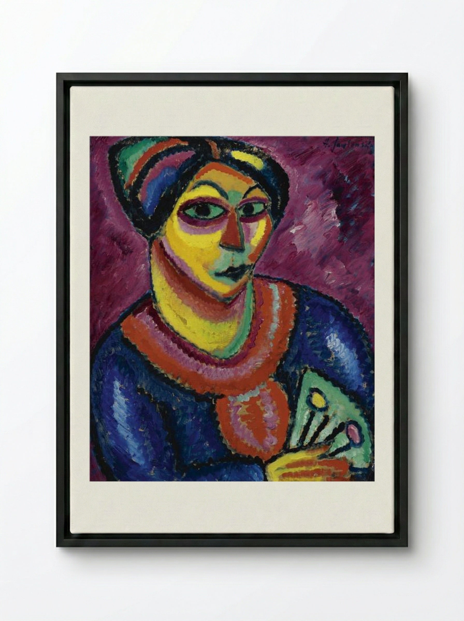 Woman with a Green Fan - Alexej von Jawlensky - Framed Canvas Black