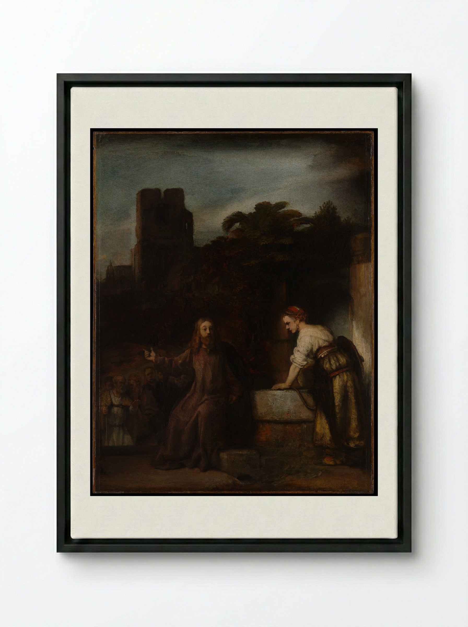 Christ and the Woman of Samaria - Rembrandt van Rijn - Framed Canvas Black