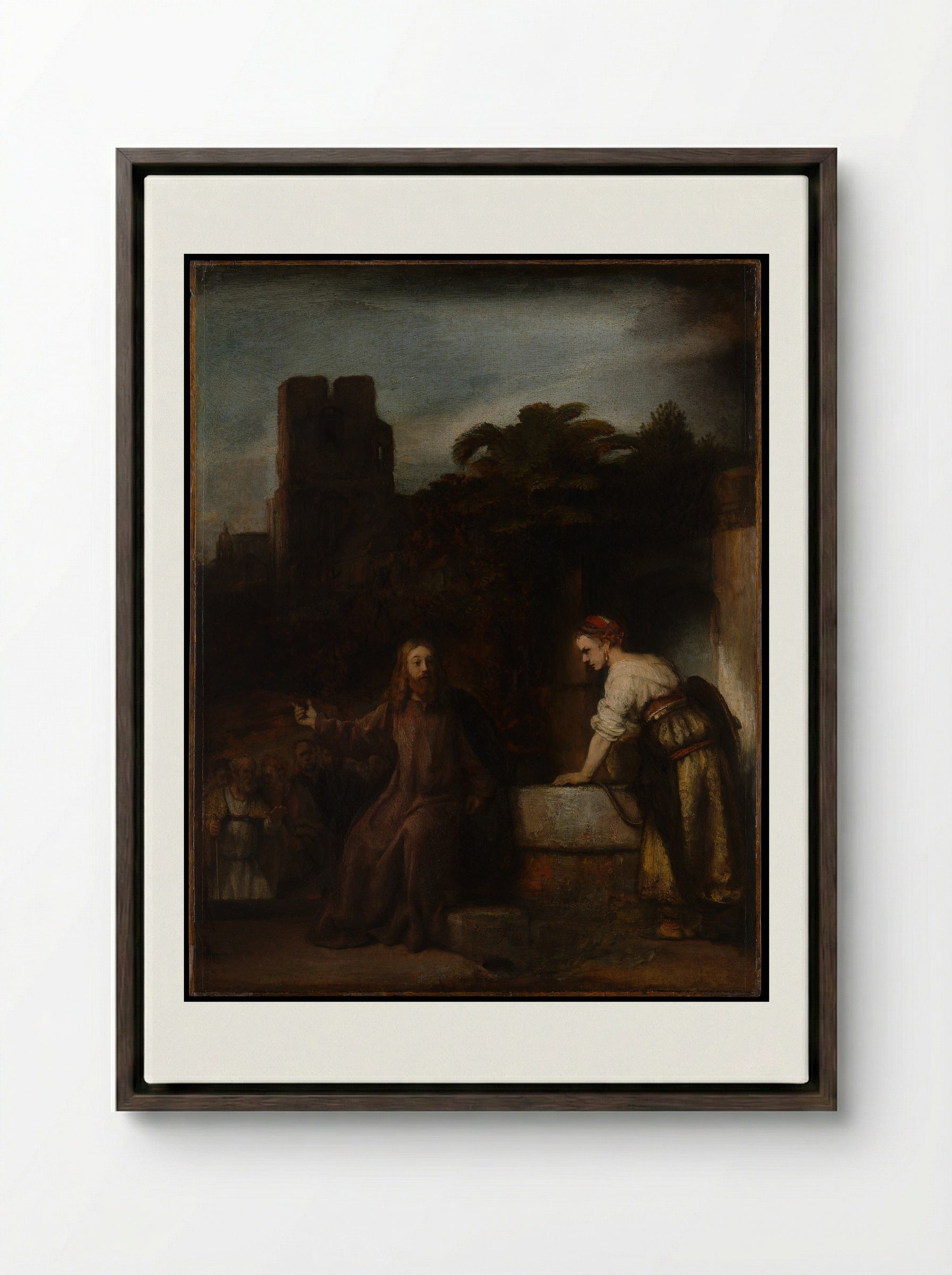 Christ and the Woman of Samaria - Rembrandt van Rijn - Framed Canvas Dark Wood
