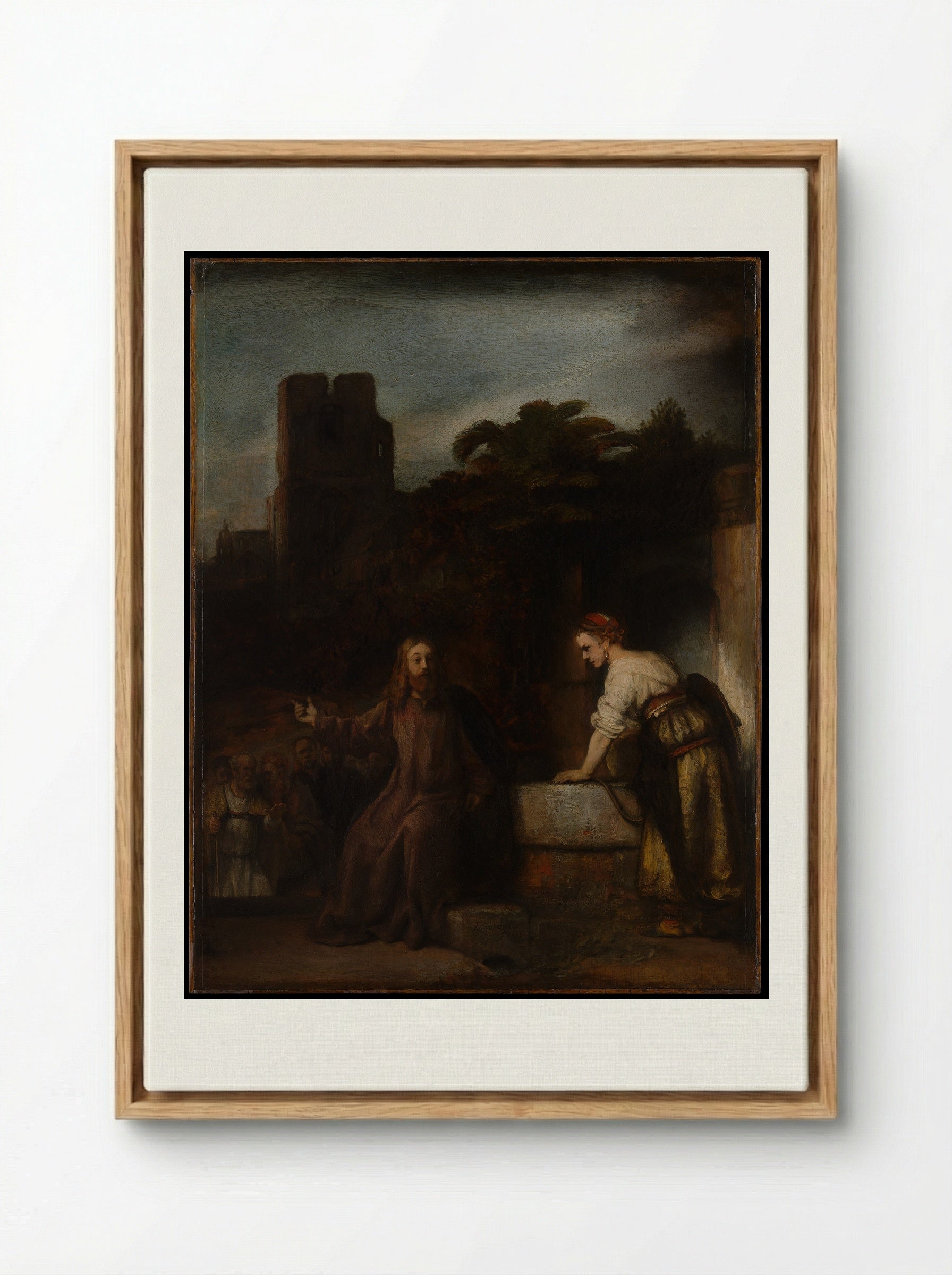 Christ and the Woman of Samaria - Rembrandt van Rijn - Framed Canvas Wood