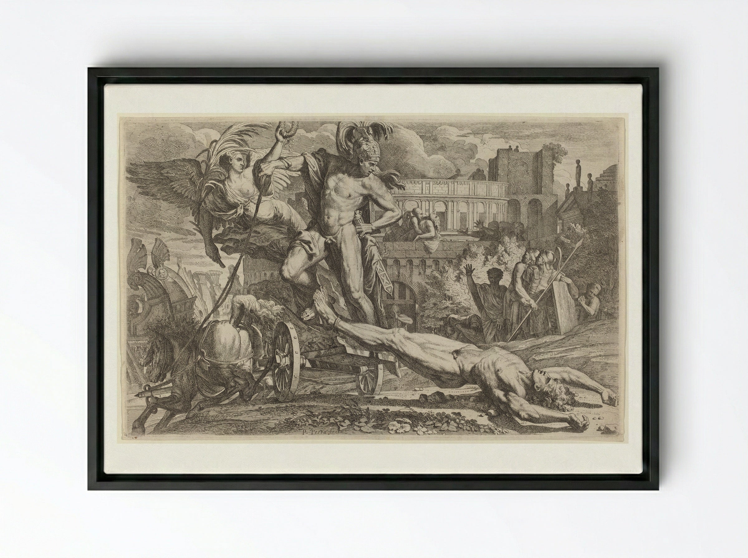 Achilles Dragging the Body of Hector - Pietro Testa - Framed Canvas Black