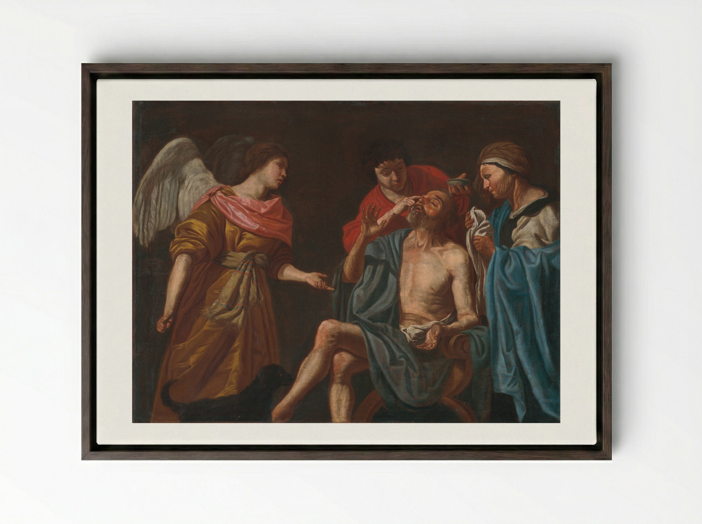 The Healing of Tobit - Matthias Stom - Framed Canvas Dark Wood