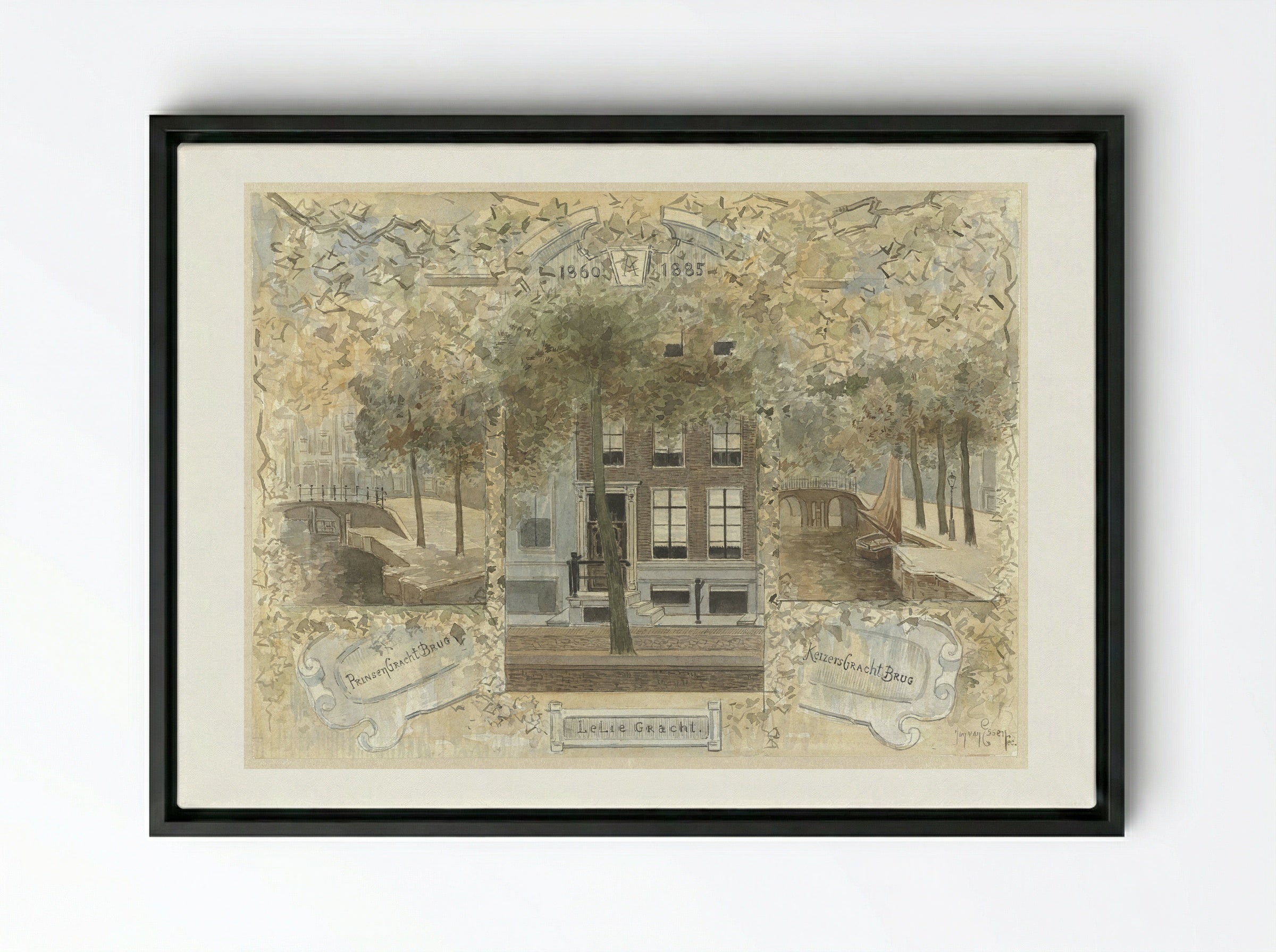 Huis op de Leliegracht, geflankeerd door de bruggen over de Prinsengracht en de Keizersgracht - Jan van Essen - Framed Canvas Black