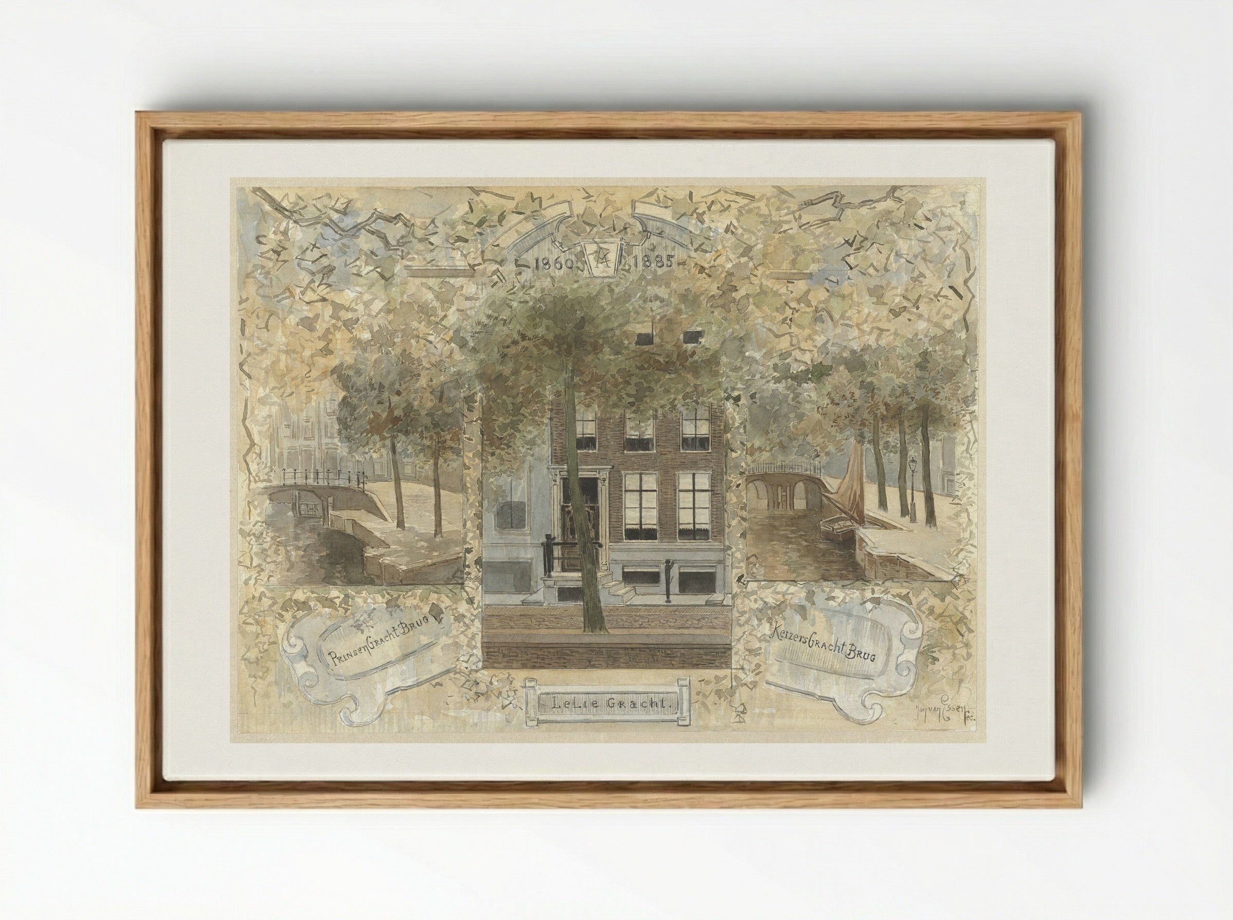 Huis op de Leliegracht, geflankeerd door de bruggen over de Prinsengracht en de Keizersgracht - Jan van Essen - Framed Canvas Wood