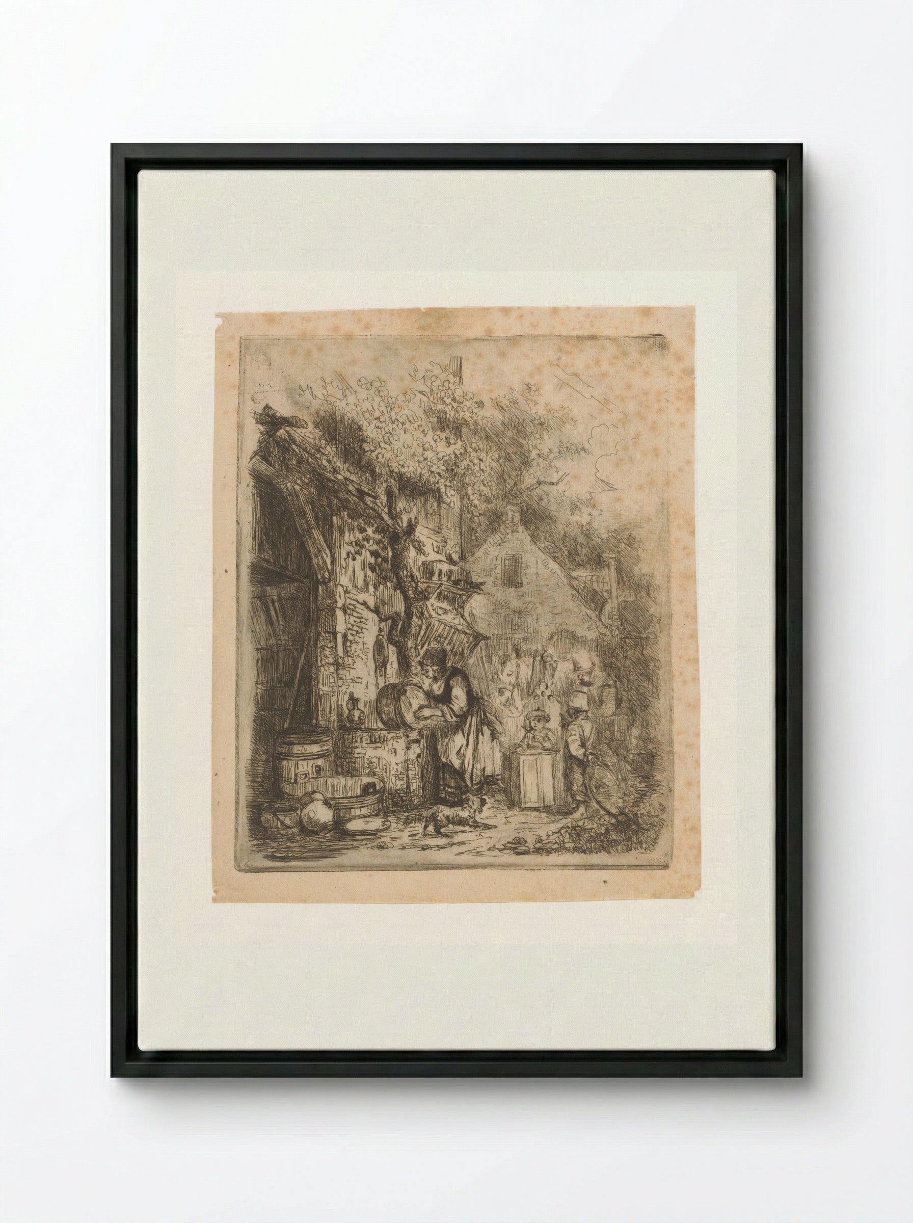 Street Scene with Woman Scouring a Kettle - Adrien Joseph Verhoeven-Ball - Framed Canvas Black