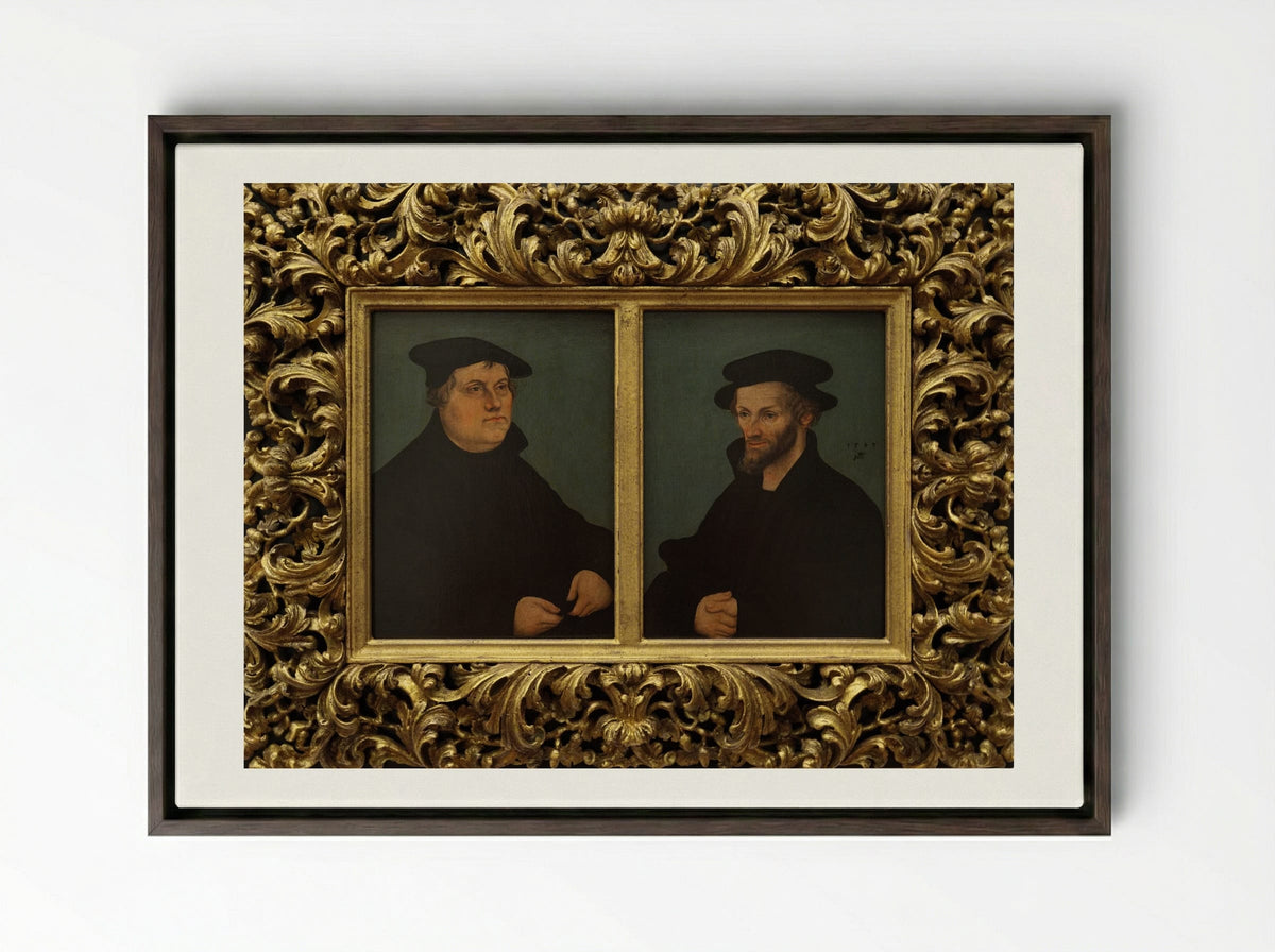 Martin Luther and Philipp Melanchthon - Lucas Cranach the Elder - Framed Canvas Dark Wood