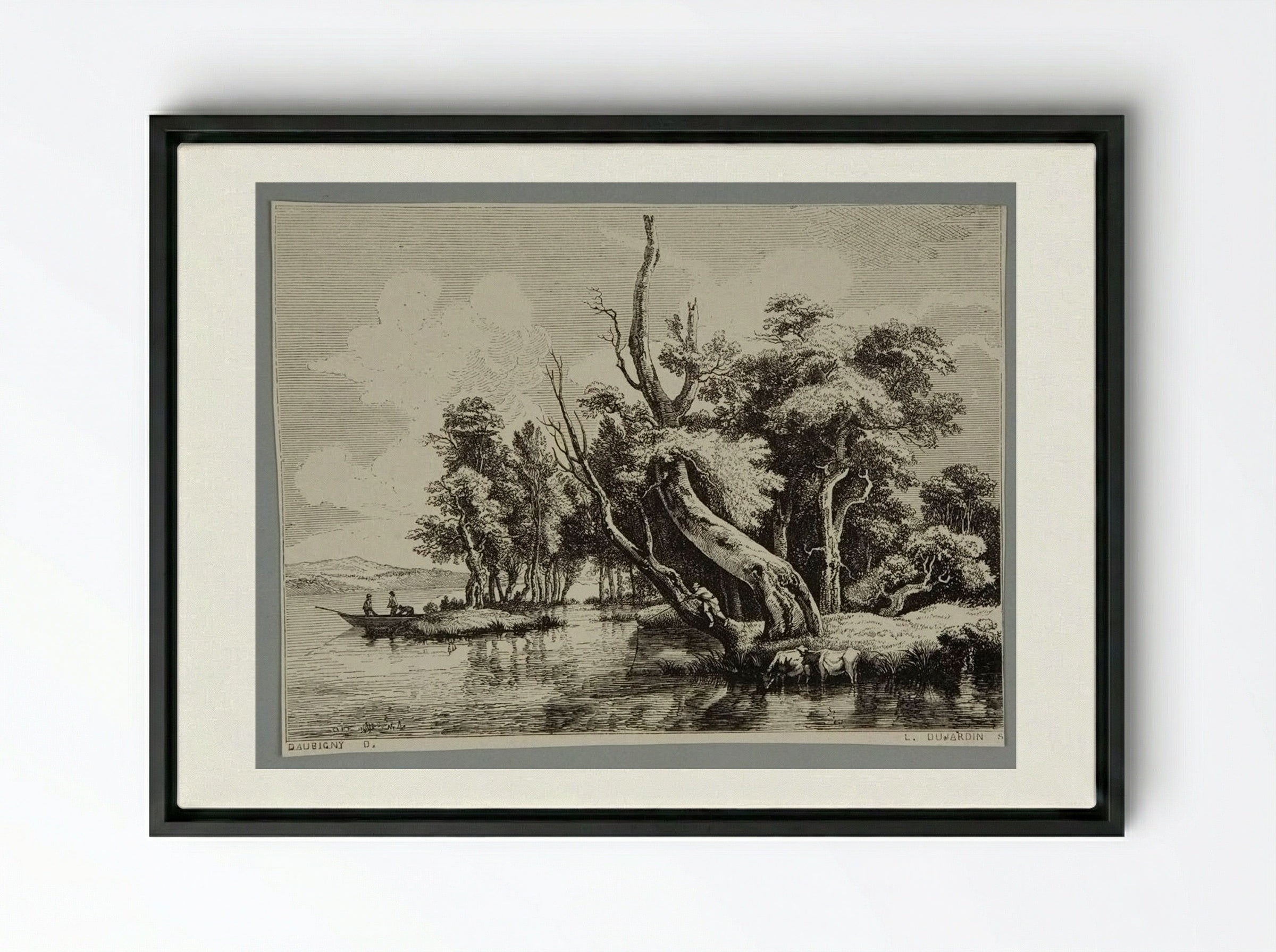 River Scene (After Daubigny) - Louis Dujardin - Framed Canvas Black