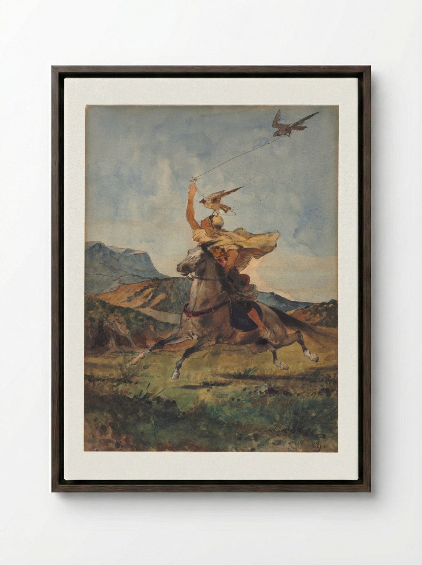 The Falconer - Eugène Fromentin - Framed Canvas Dark Wood