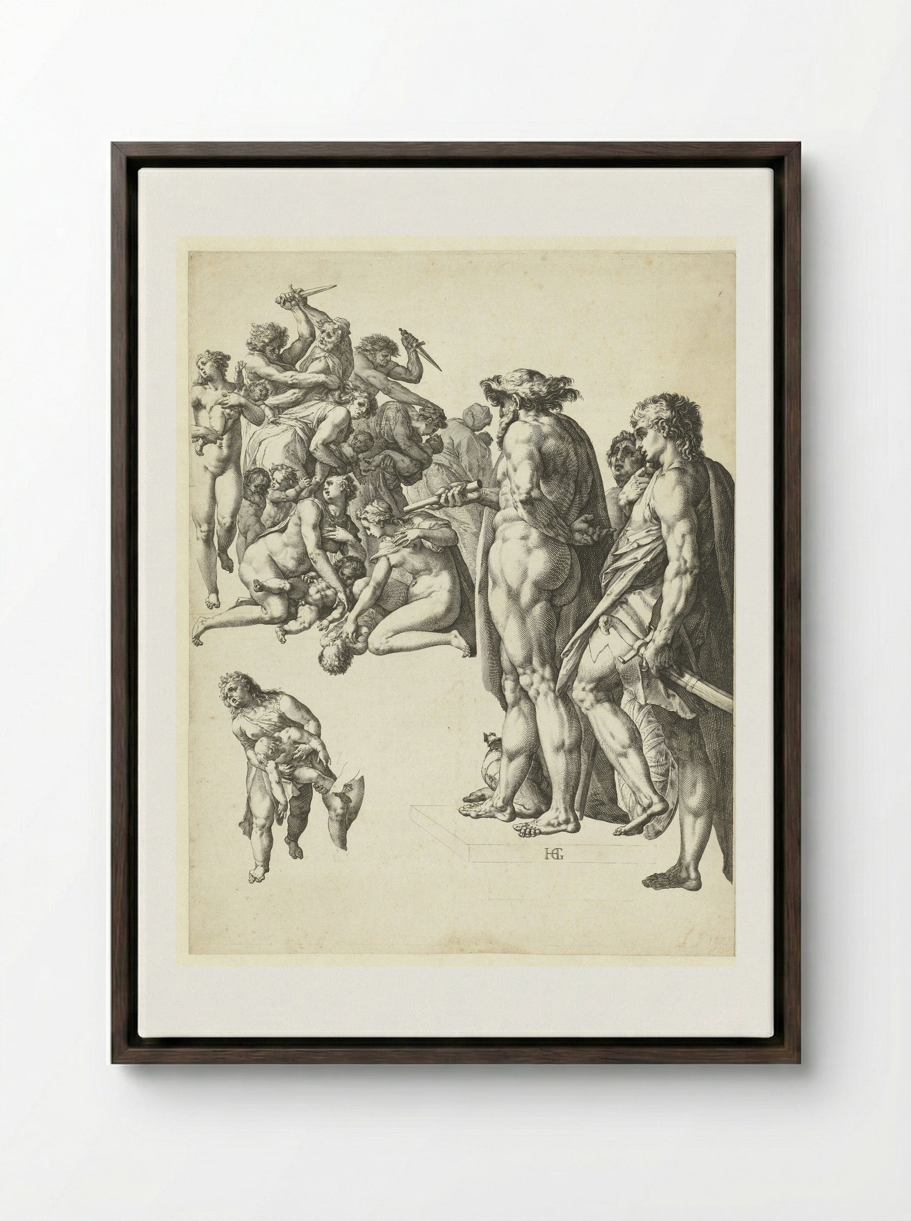 The Massacre of the Innocents - Hendrick Goltzius - Framed Canvas Dark Wood