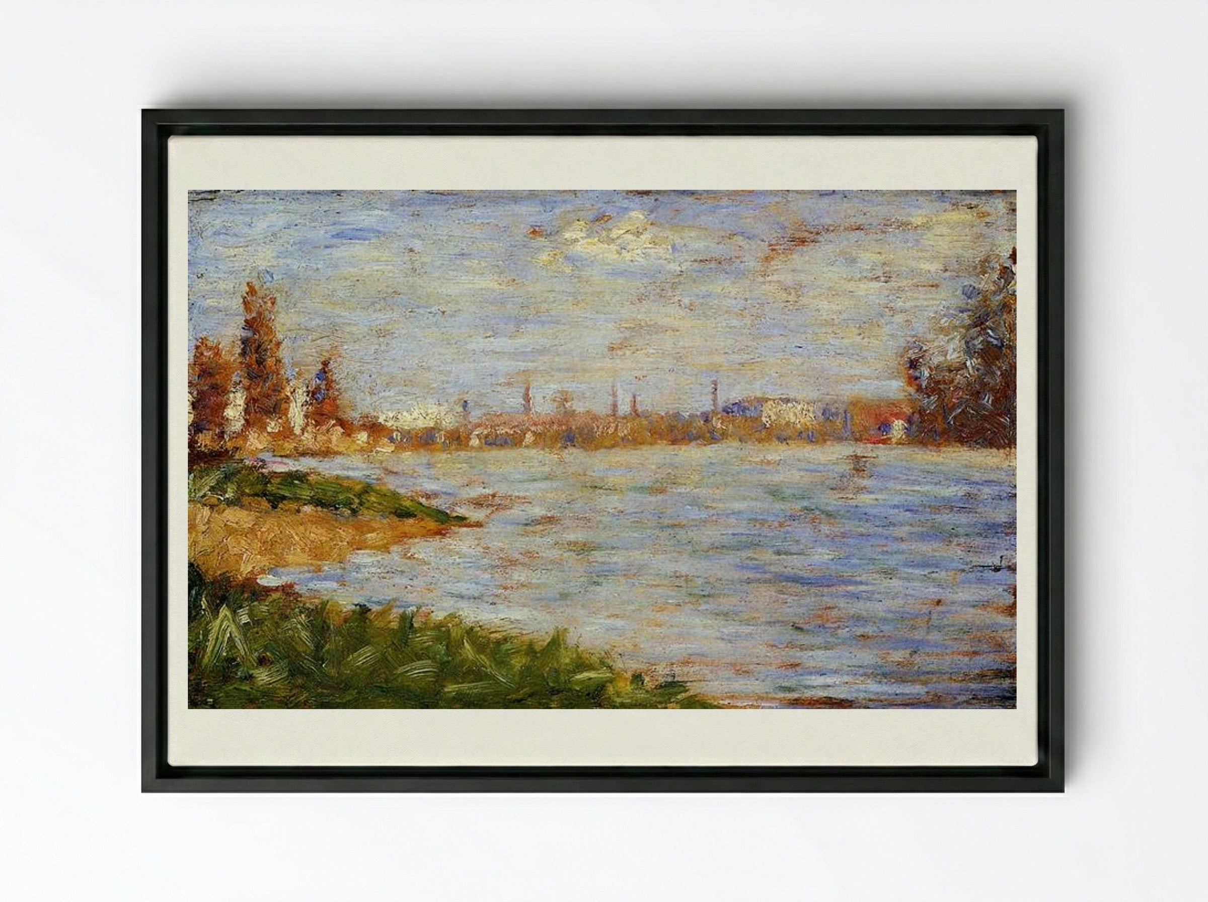 The Riverbanks - Georges Seurat - Framed Canvas Black
