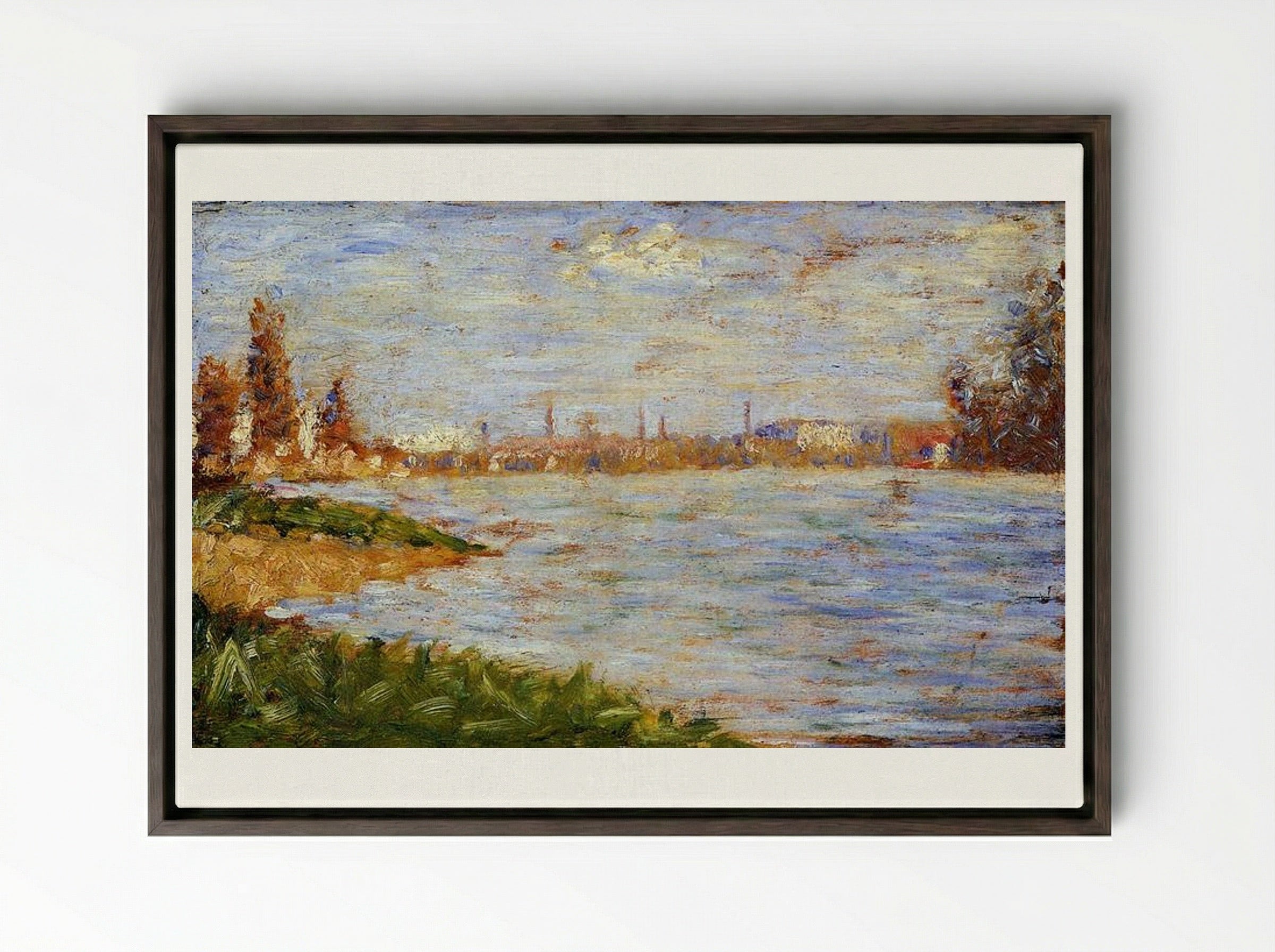 The Riverbanks - Georges Seurat - Framed Canvas Dark Wood