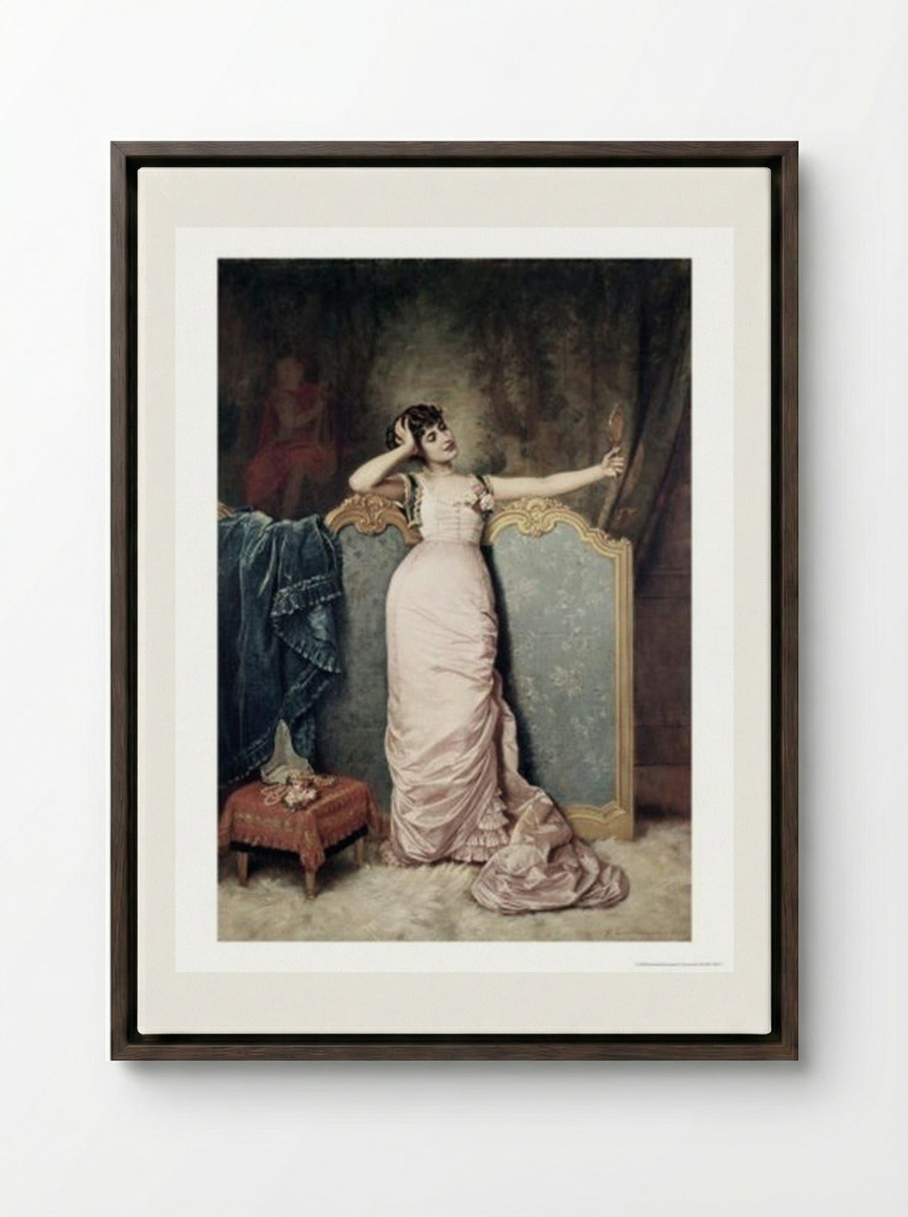 Admiring Herself - Auguste Toulmouche - Framed Canvas Dark Wood