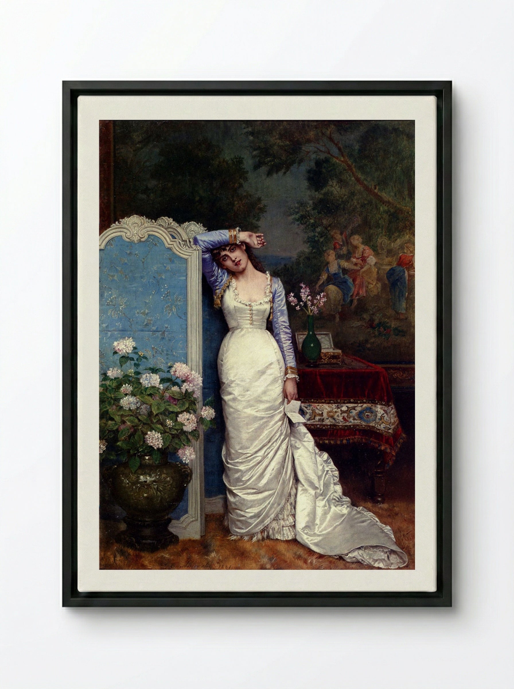 Young Woman In An Interior - Auguste Toulmouche - Framed Canvas Black