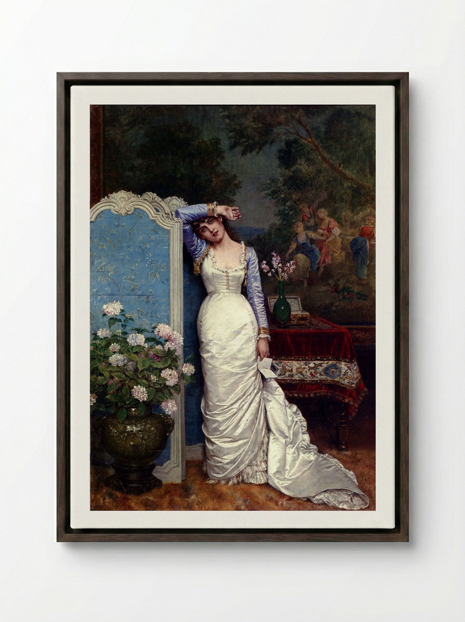 Young Woman In An Interior - Auguste Toulmouche - Framed Canvas Dark Wood