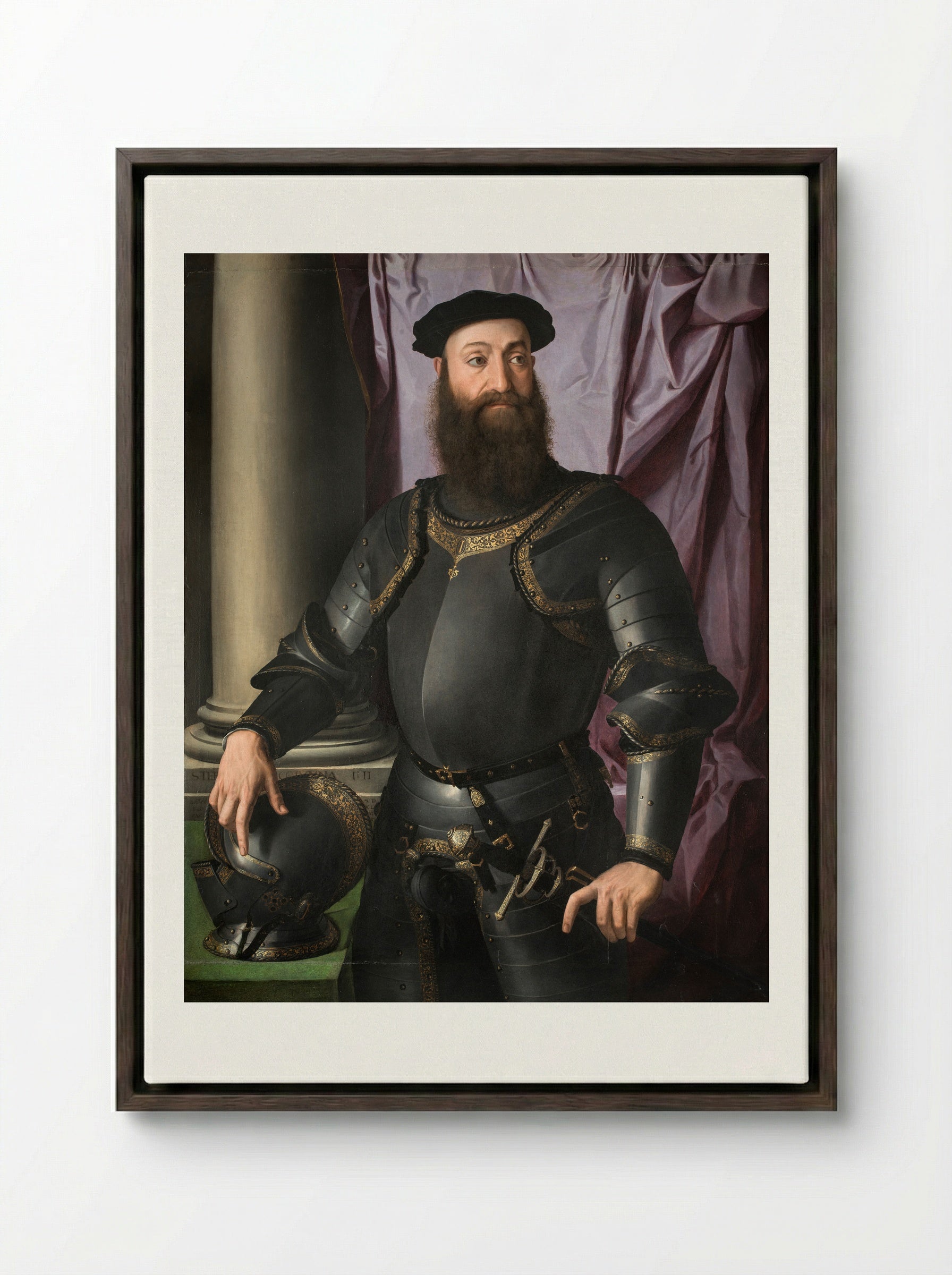Portrait of Stefano IV Colonna - Agnolo Bronzino - Framed Canvas Dark Wood