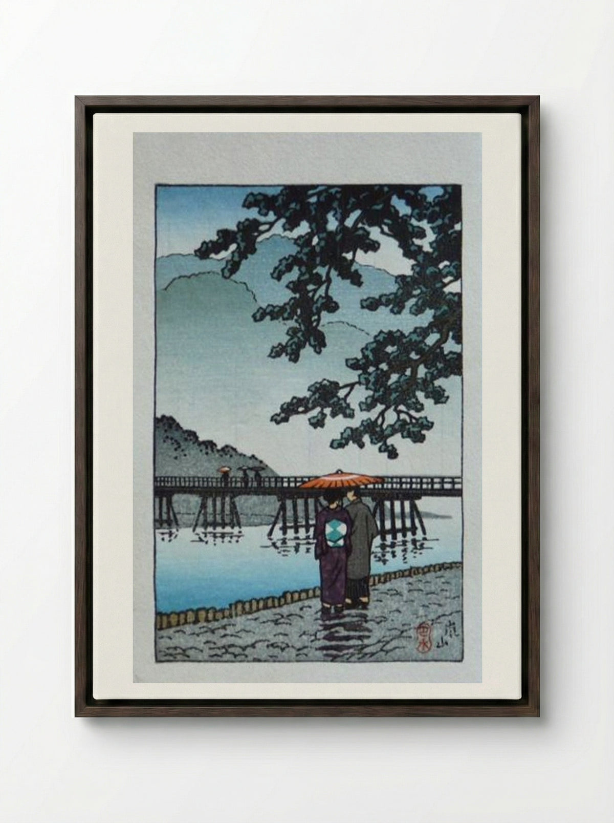 Light Rain at Arishiyama - Hasui Kawase - Framed Canvas Dark Wood