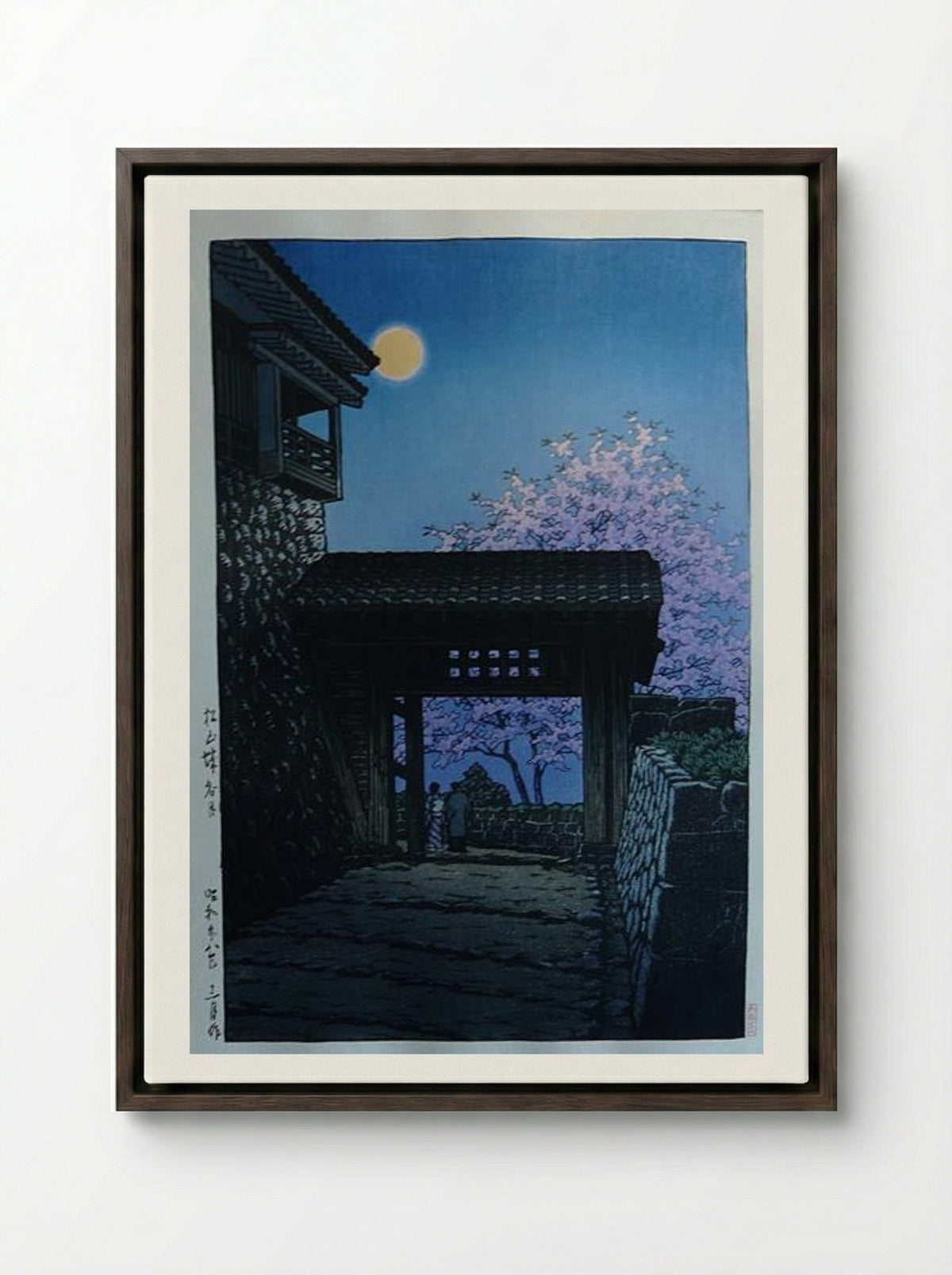 Full Moon and Cherry Blossom at Matsuyama Castle - Hasui Kawase - Framed Canvas Dark Wood