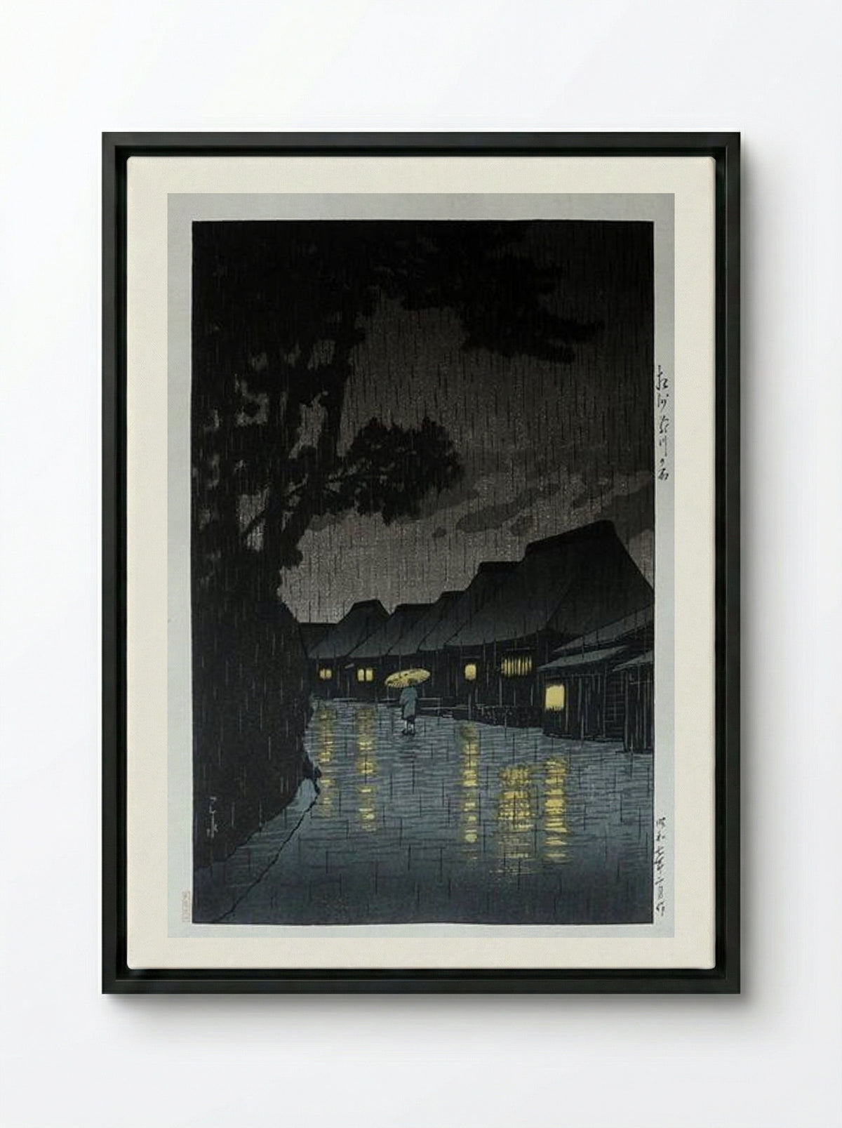 Rainy Night at Maekawa - Hasui Kawase - Framed Canvas Black