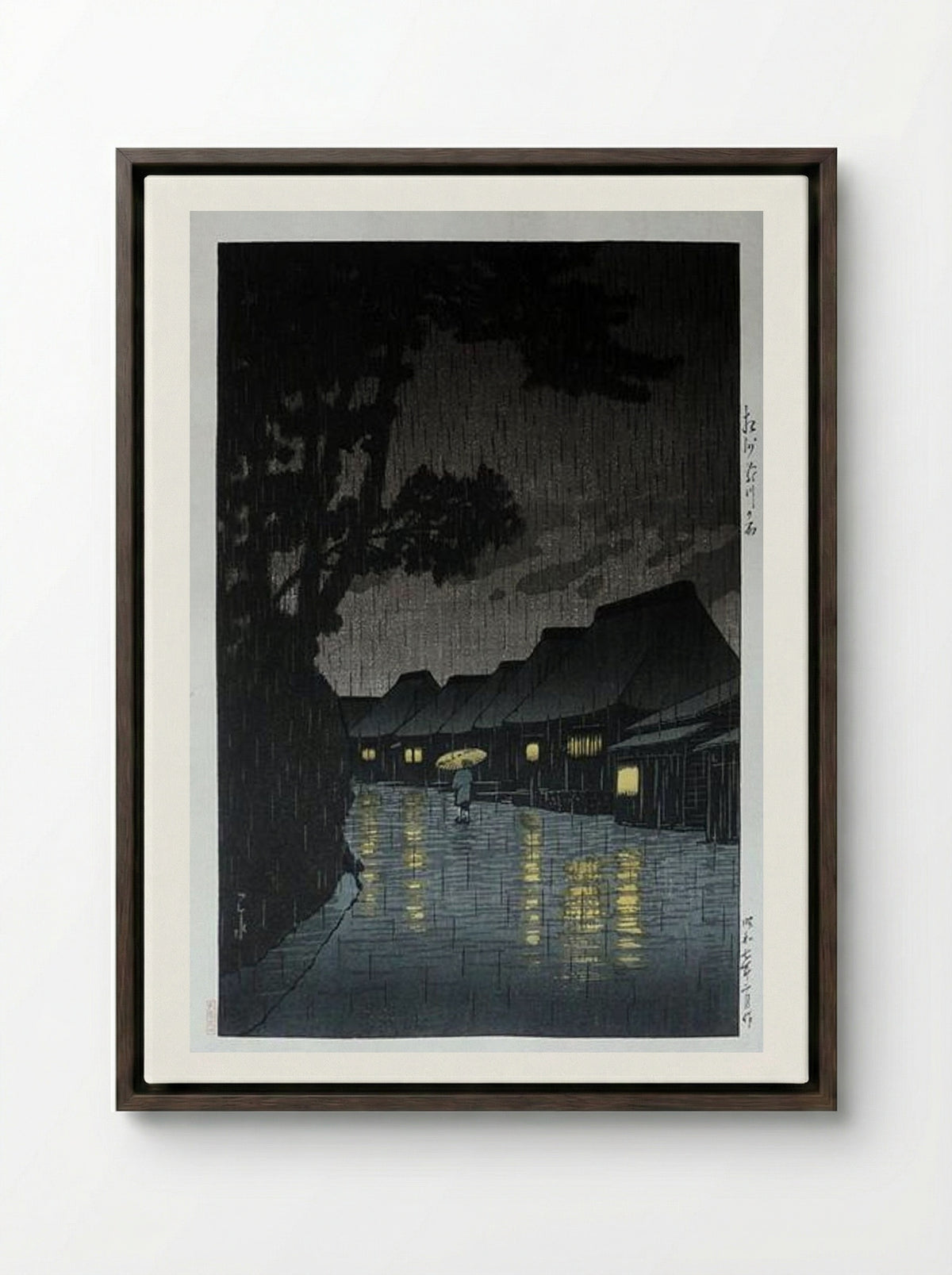 Rainy Night at Maekawa - Hasui Kawase - Framed Canvas Dark Wood