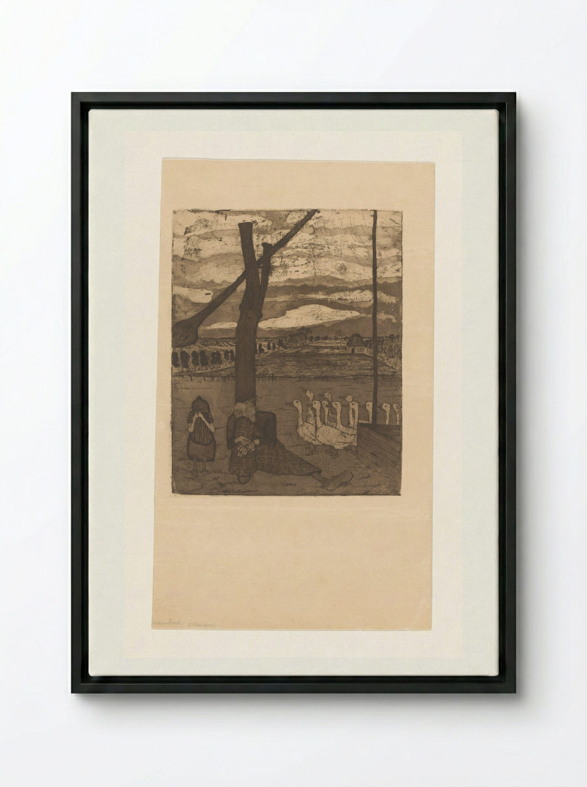Oude vrouw en meisje treuren bij een waterput - Paula Modersohn-Becker - Framed Canvas Black