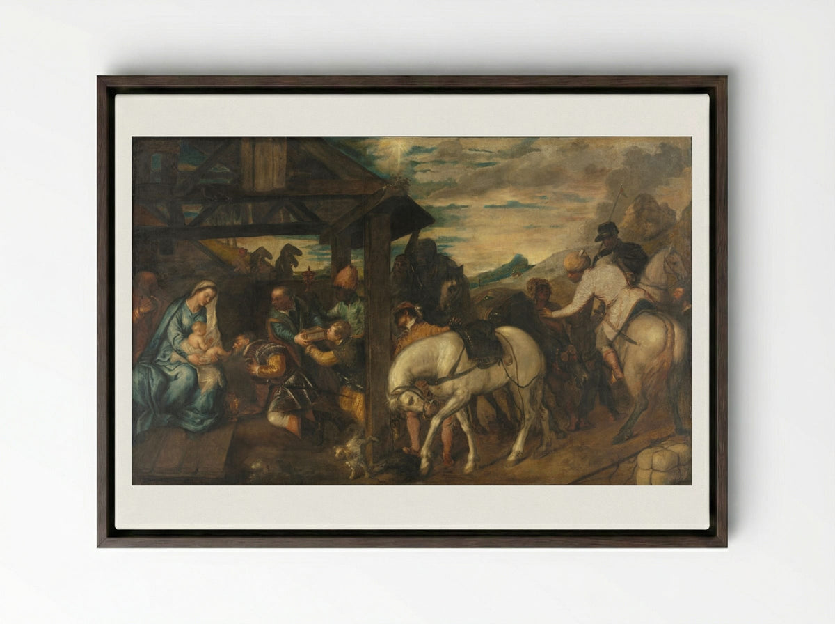 Adoration of the Magi - Titian - Framed Canvas Dark Wood