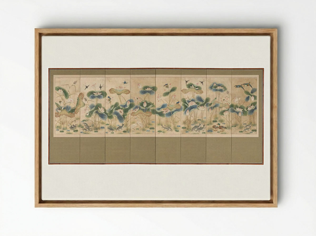 Lotuses and Birds - Unknown Artist - Framed Canvas Wood