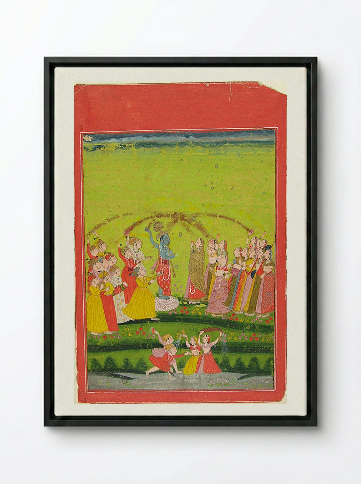 Radha and Krishna Celebrating Holi - Unknown Artist - Framed Canvas Black