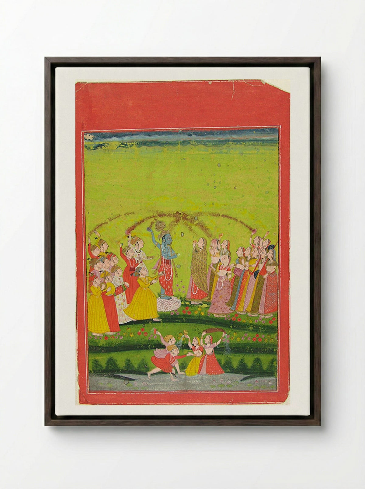 Radha and Krishna Celebrating Holi - Unknown Artist - Framed Canvas Dark Wood