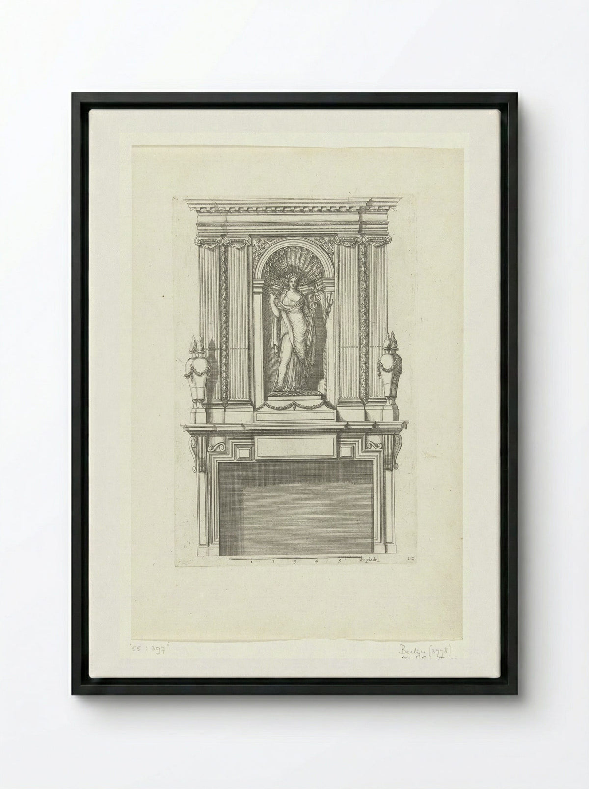 Untitled (Fireplace Design with Female Figure in a Niche) - Fine Art Print - Framed Canvas Black