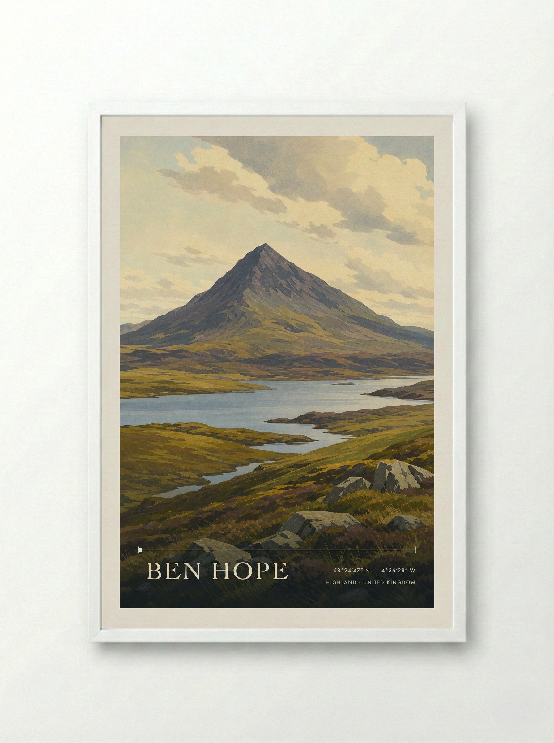 Ben Hope Highland United Kingdom Travel Poster - Framed Print White