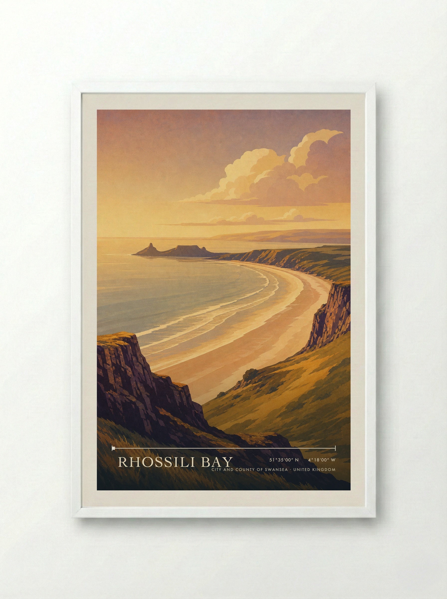 Rhossili Bay City and County of Swansea United Kingdom Travel Poster - Framed Print White
