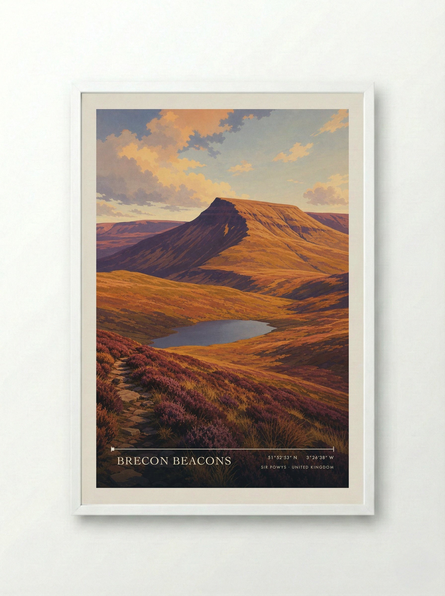 Brecon Beacons Sir Powys United Kingdom Travel Poster - Framed Print White