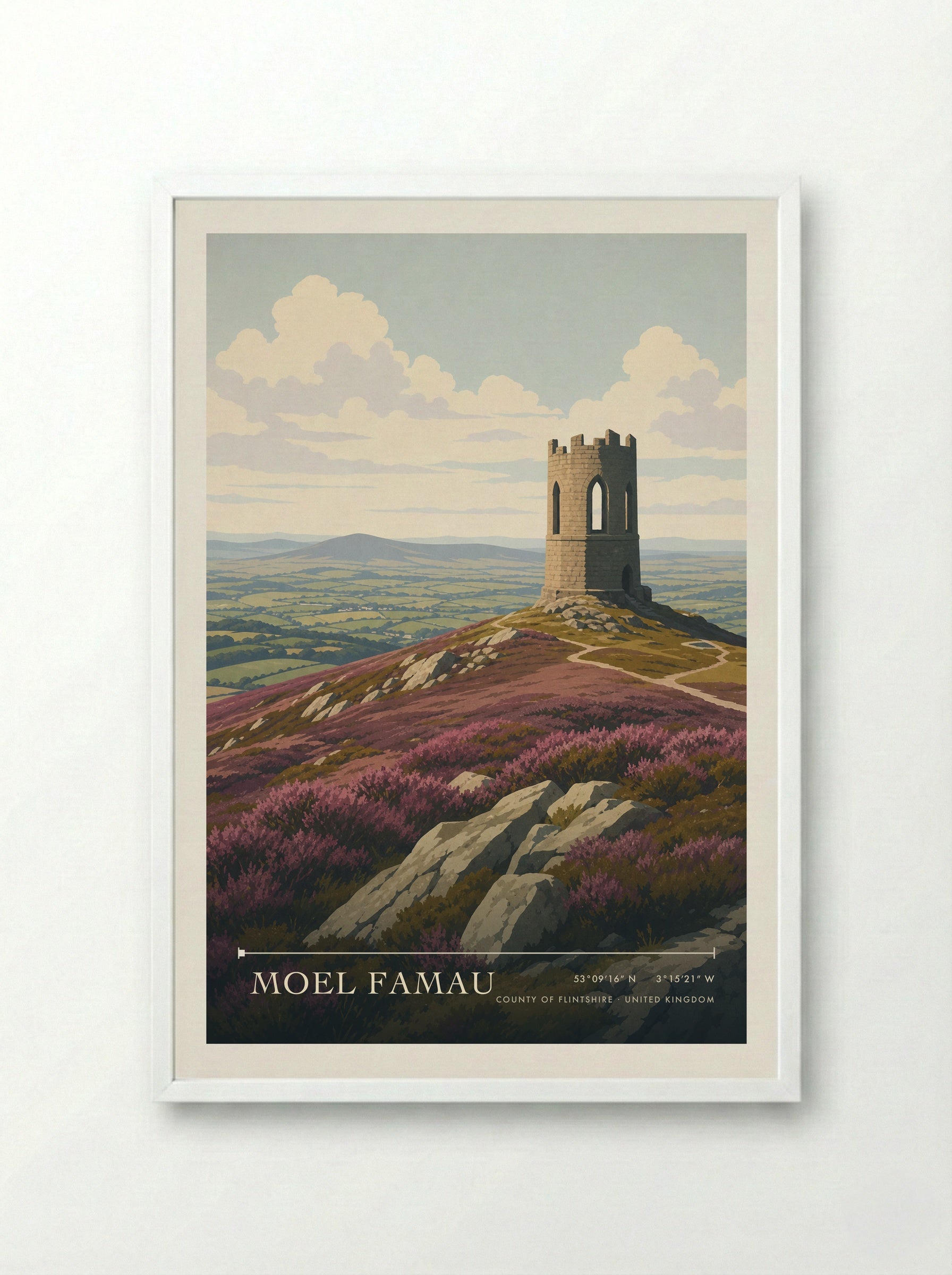 Moel Famau County of Flintshire United Kingdom Travel Poster - Framed Print White