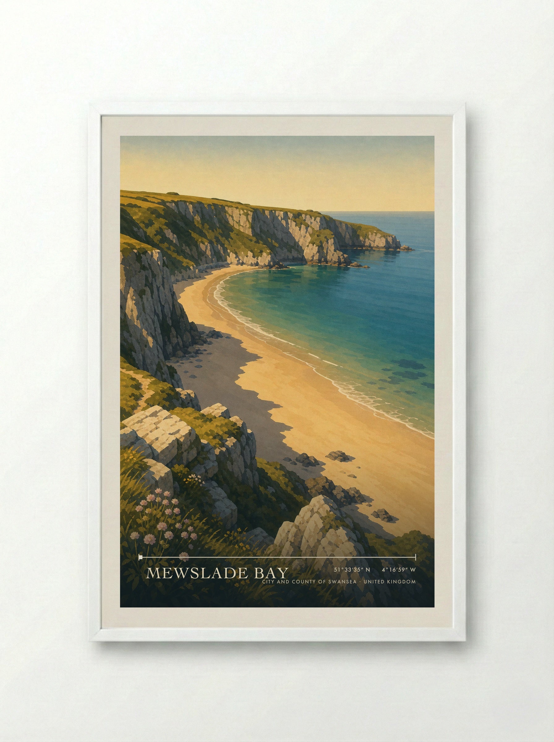 Mewslade Bay City and County of Swansea United Kingdom Travel Poster - Framed Print White