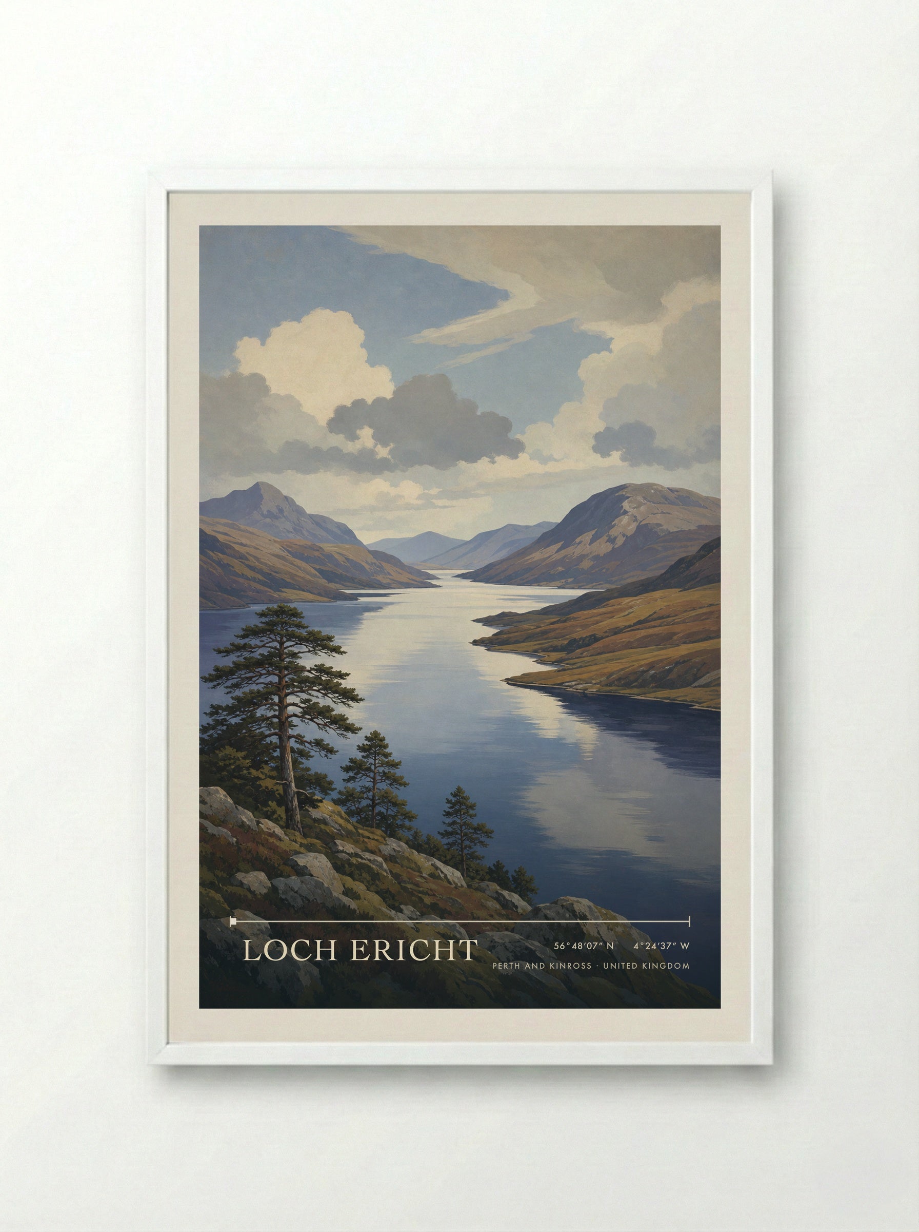 Loch Ericht Perth and Kinross United Kingdom Travel Poster - Framed Print White