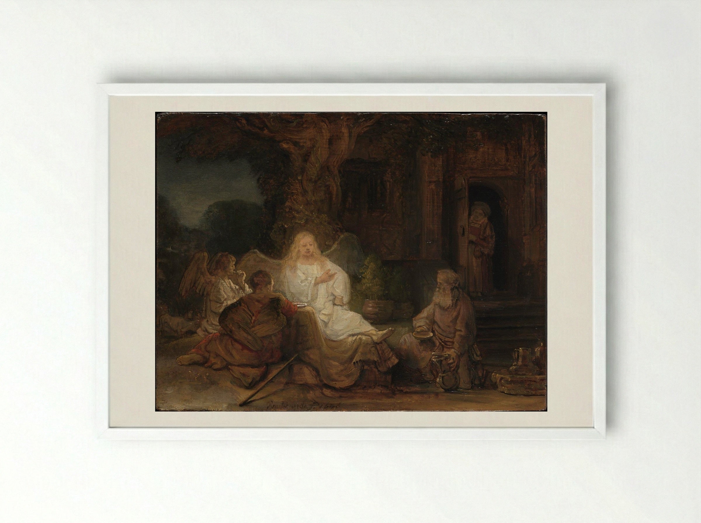 Abraham Receives the Three Angels - Rembrandt van Rijn - Framed Print White