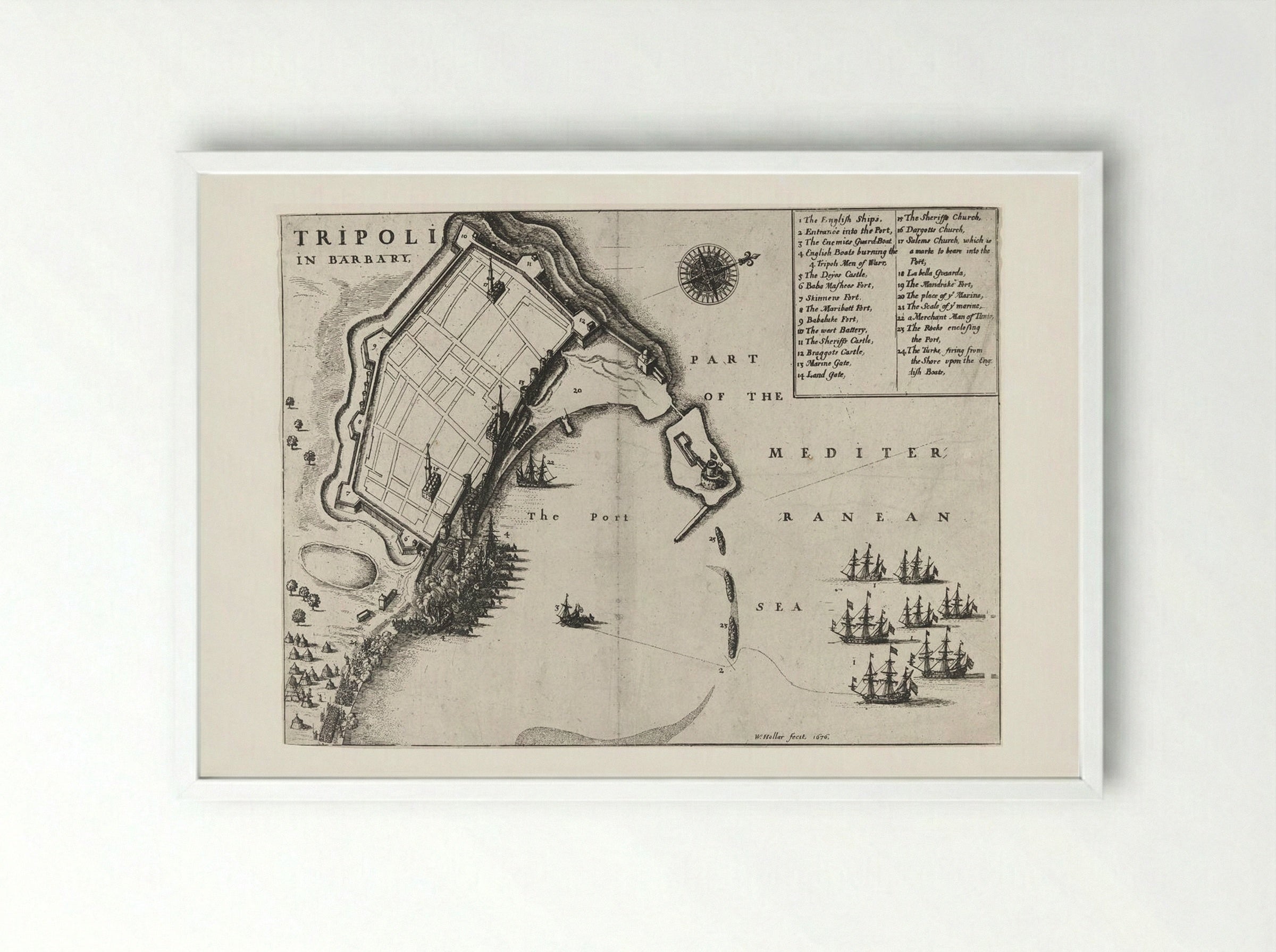Burning of the Port of Tripoli - Wenceslaus Hollar - Framed Print White