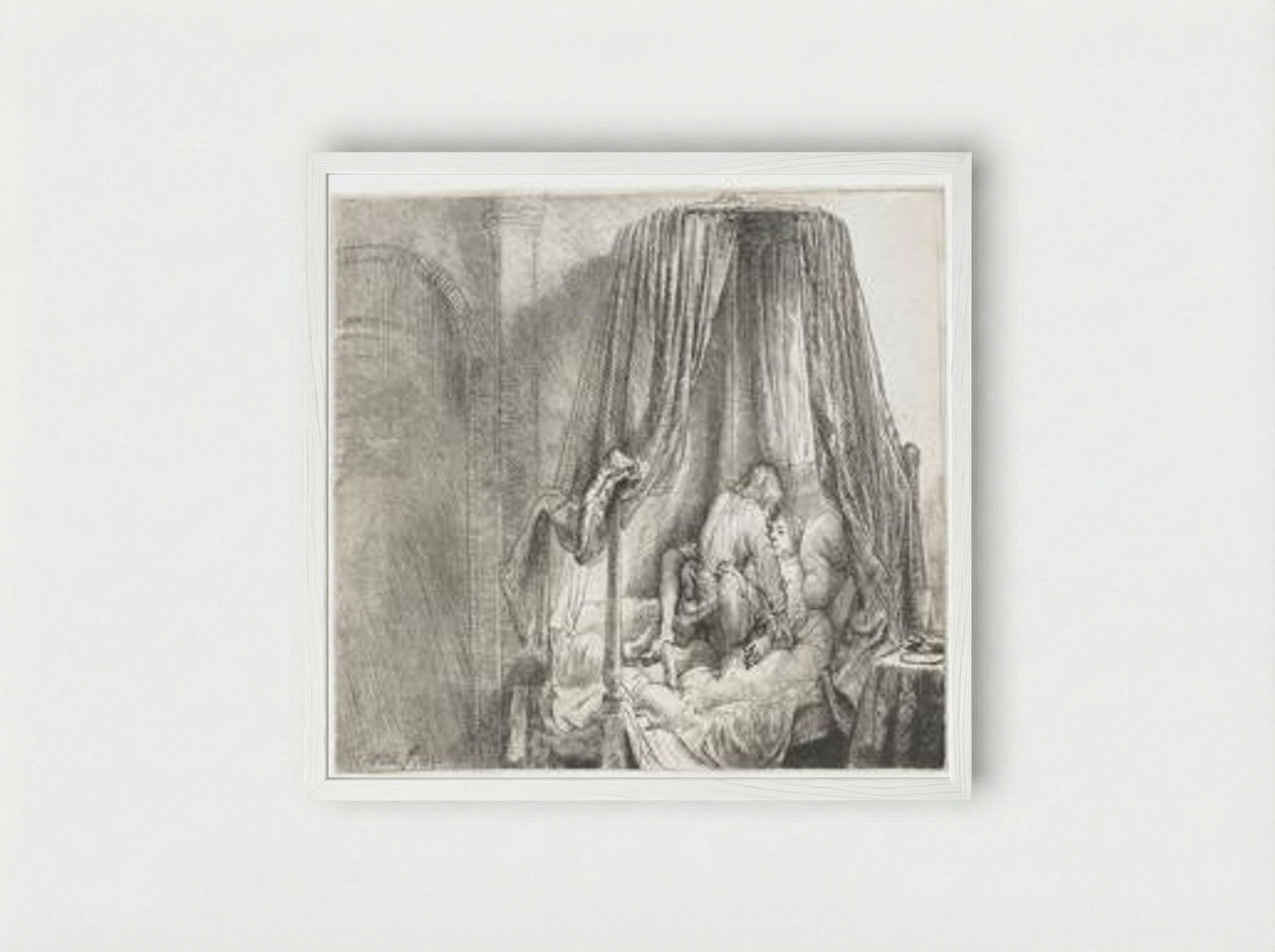 The Bedstead - Rembrandt van Rijn - Framed Print White