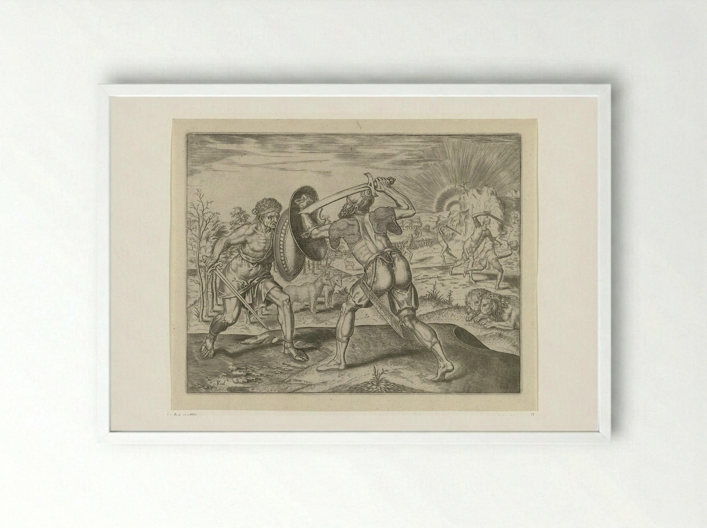 De mens vecht tegen zijn eigen soort - Philips Galle - Framed Print White