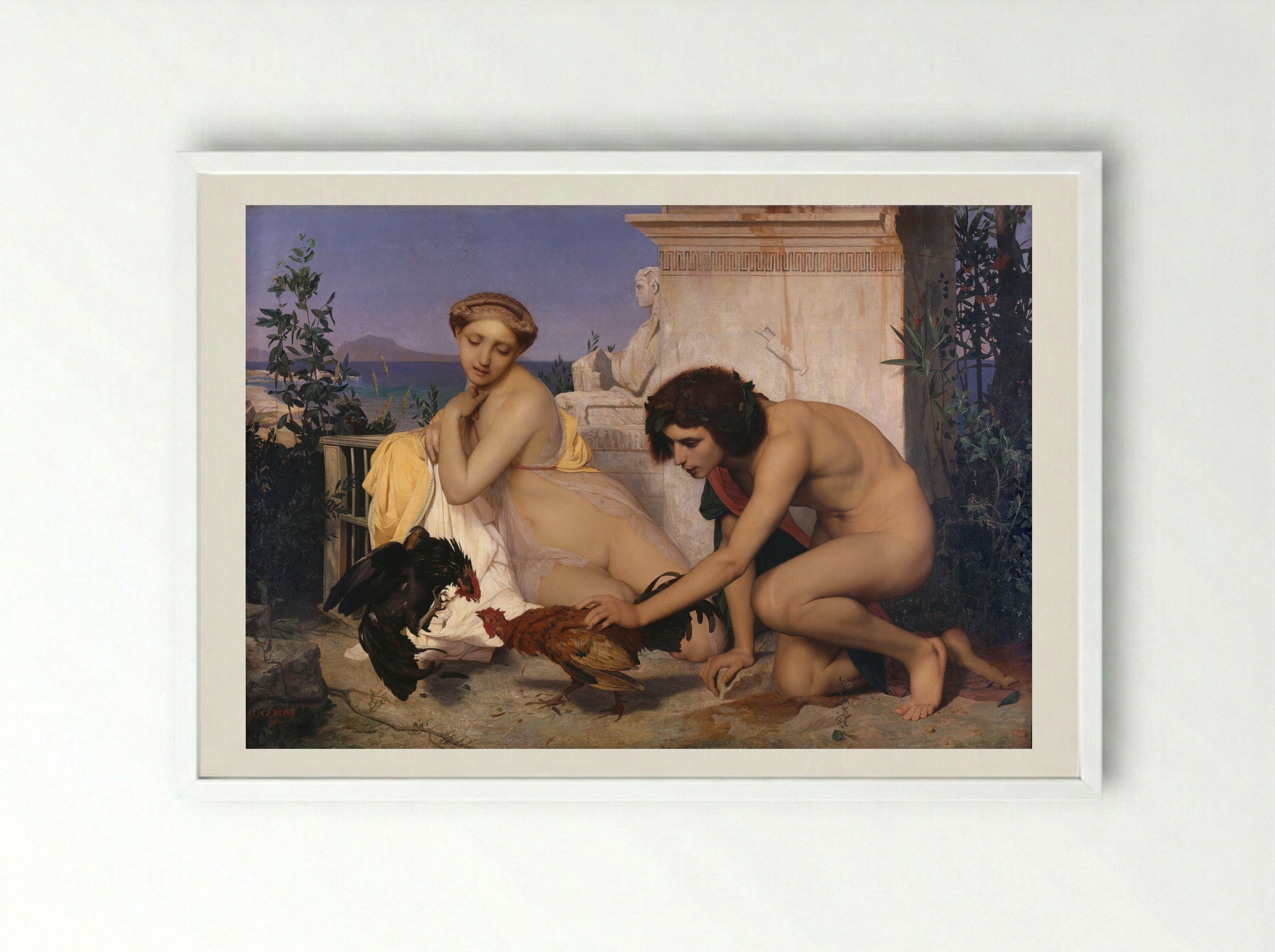 Young Greeks Attending a Cock Fight - Jean-Léon Gérôme - Framed Print White