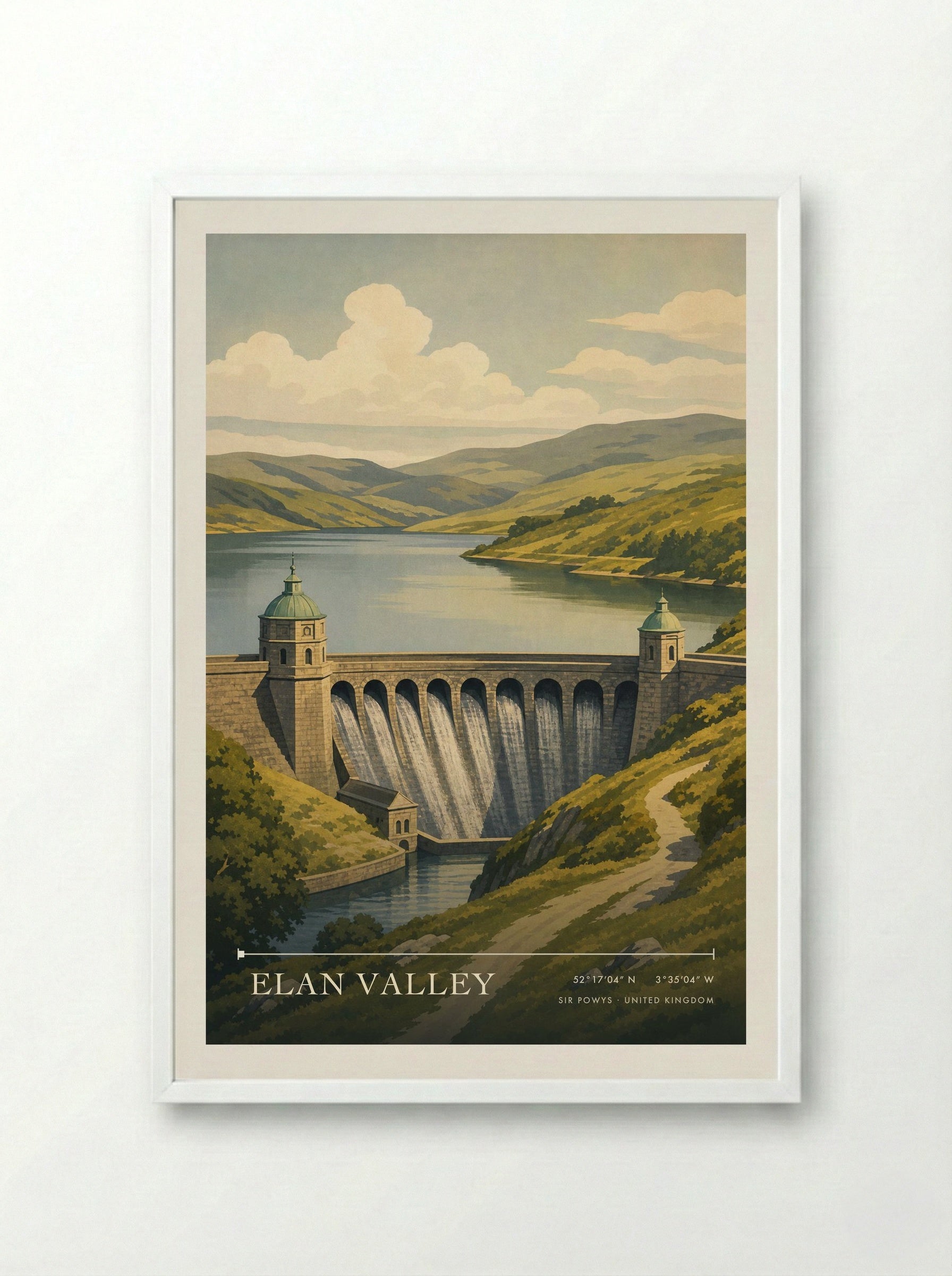 Elan Valley Sir Powys United Kingdom Travel Poster - Framed Print White